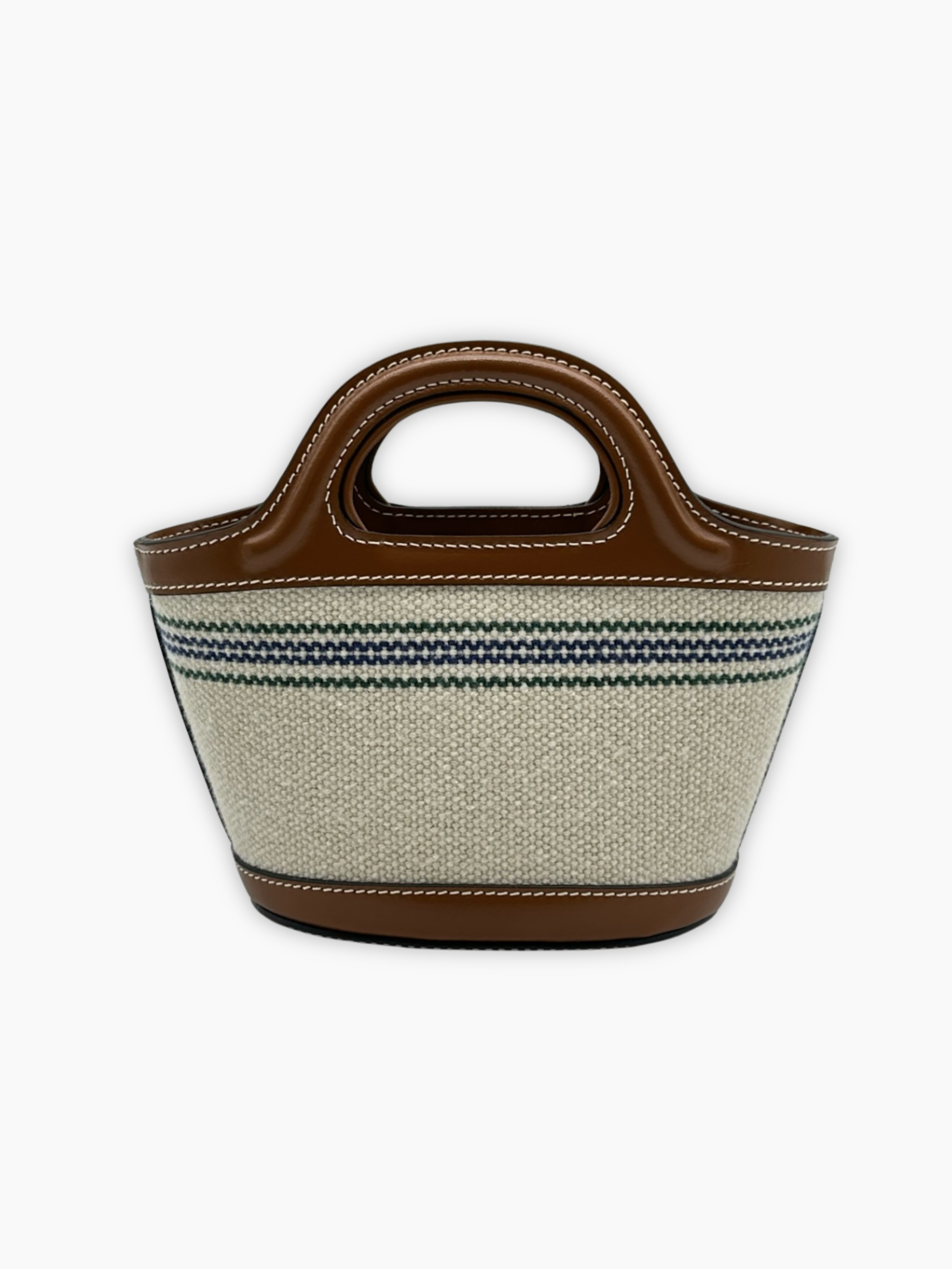 Borsa piccola Marni in tela beige a righe con dettagli in pelle marrone vista posteriore