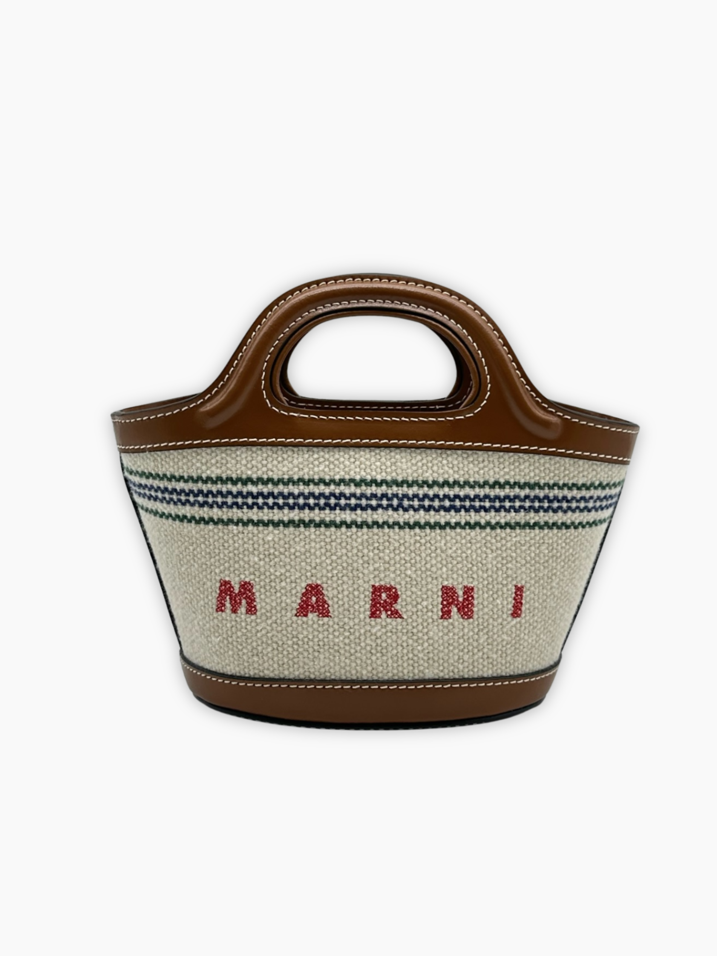 Borsa piccola Marni in tela beige a righe con dettagli in pelle marrone e logo rosso ricamato vista frontale