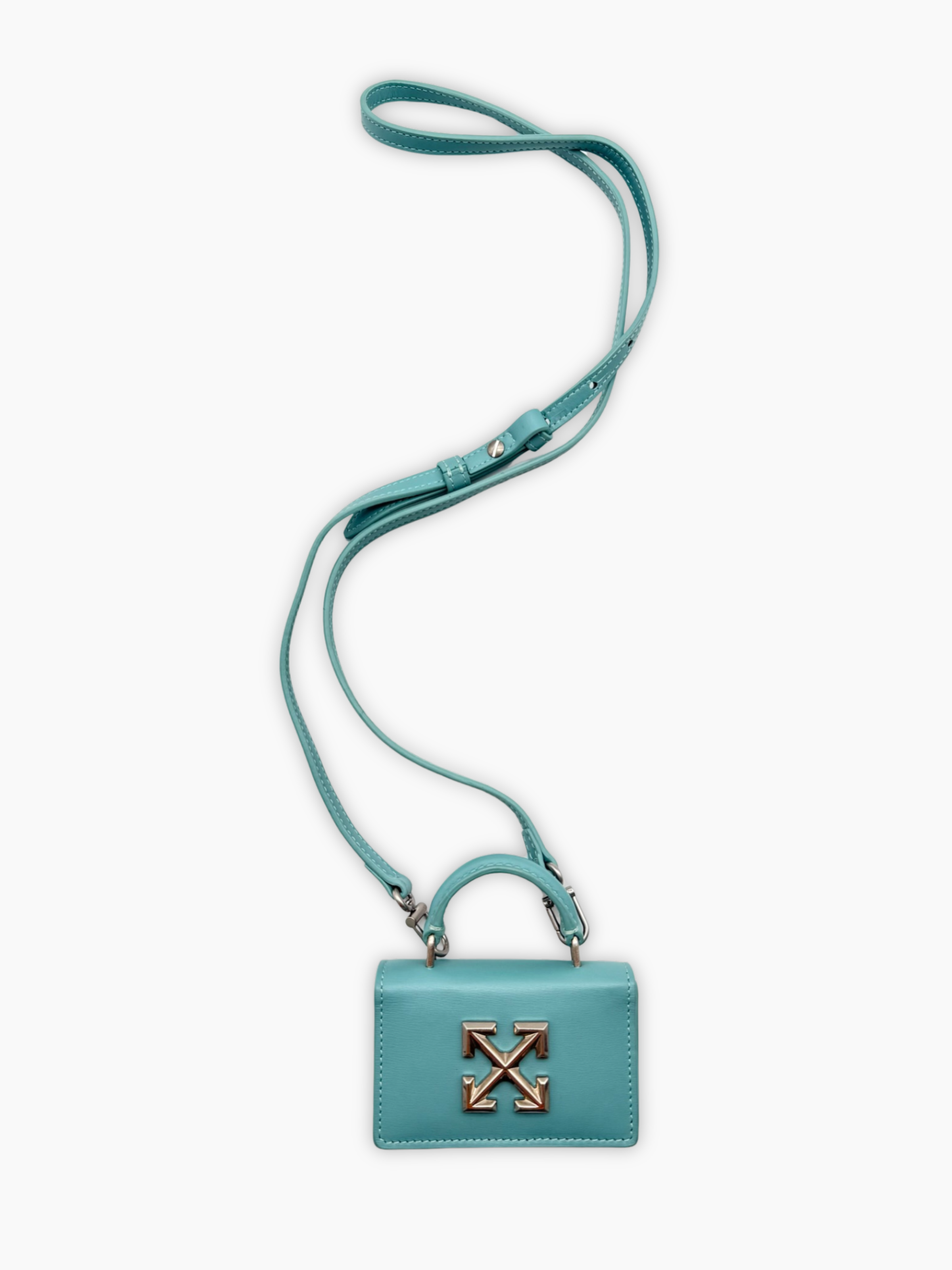 Micro bag Jitney mini Off-White in pelle azzurra con logo freccia vista frontale