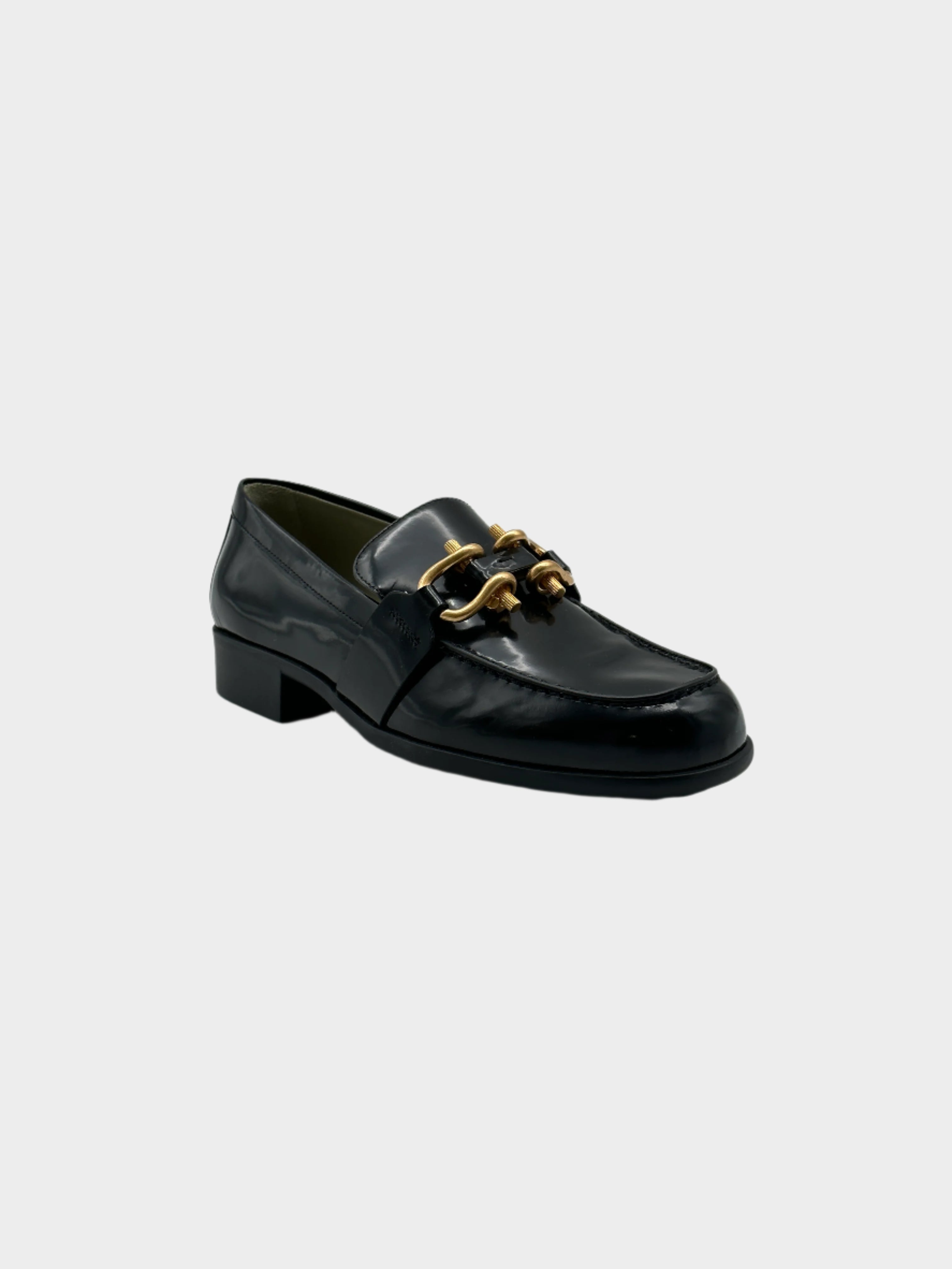 Monsieur Loafers in pelle lucida con punta arrotondata, fibbia dorata e tacco a blocco. Stile sofisticato ed elegante.