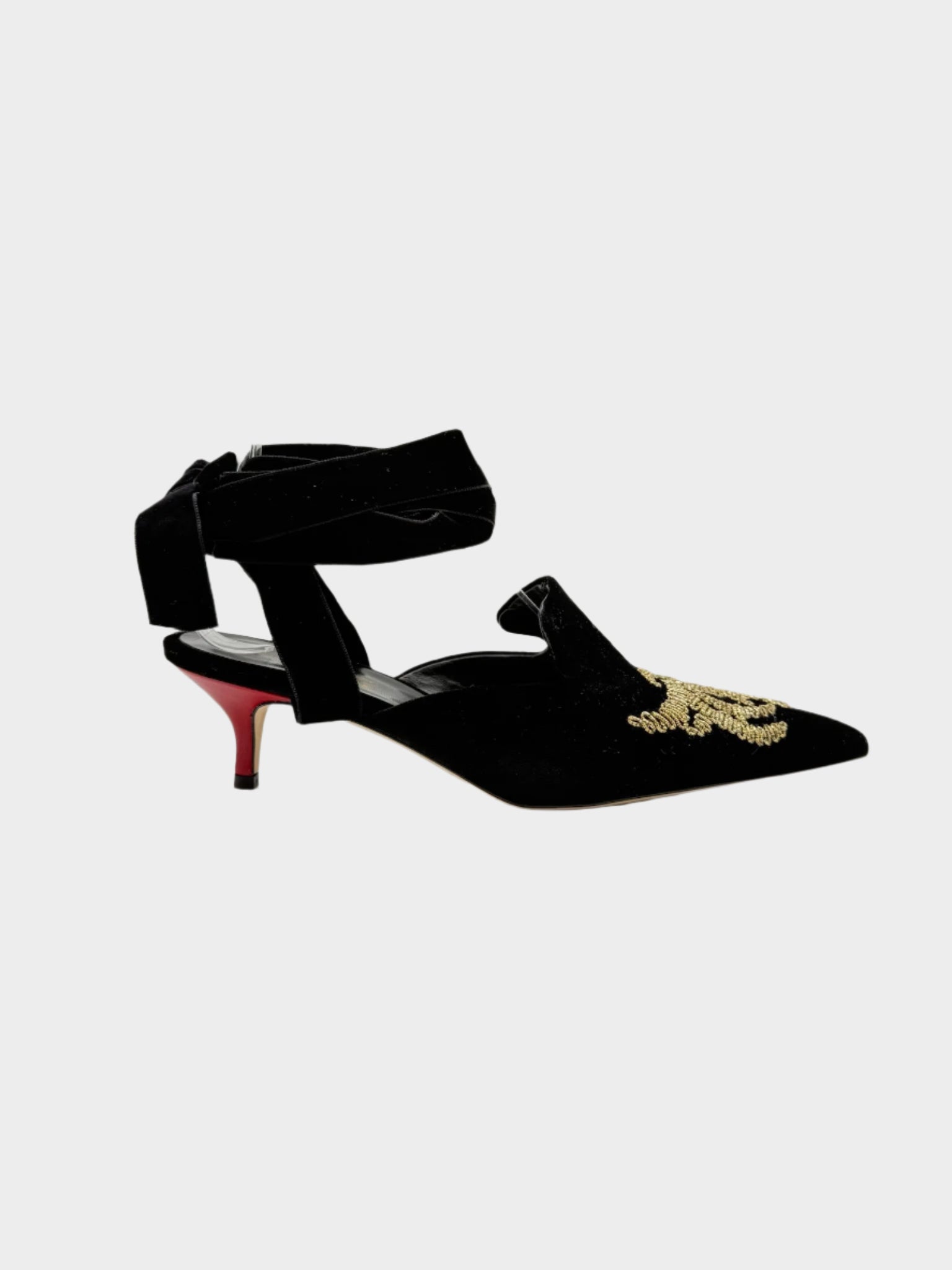 Mules in velluto nero con ricamo dorato e cinturino Gia Couture vista laterale