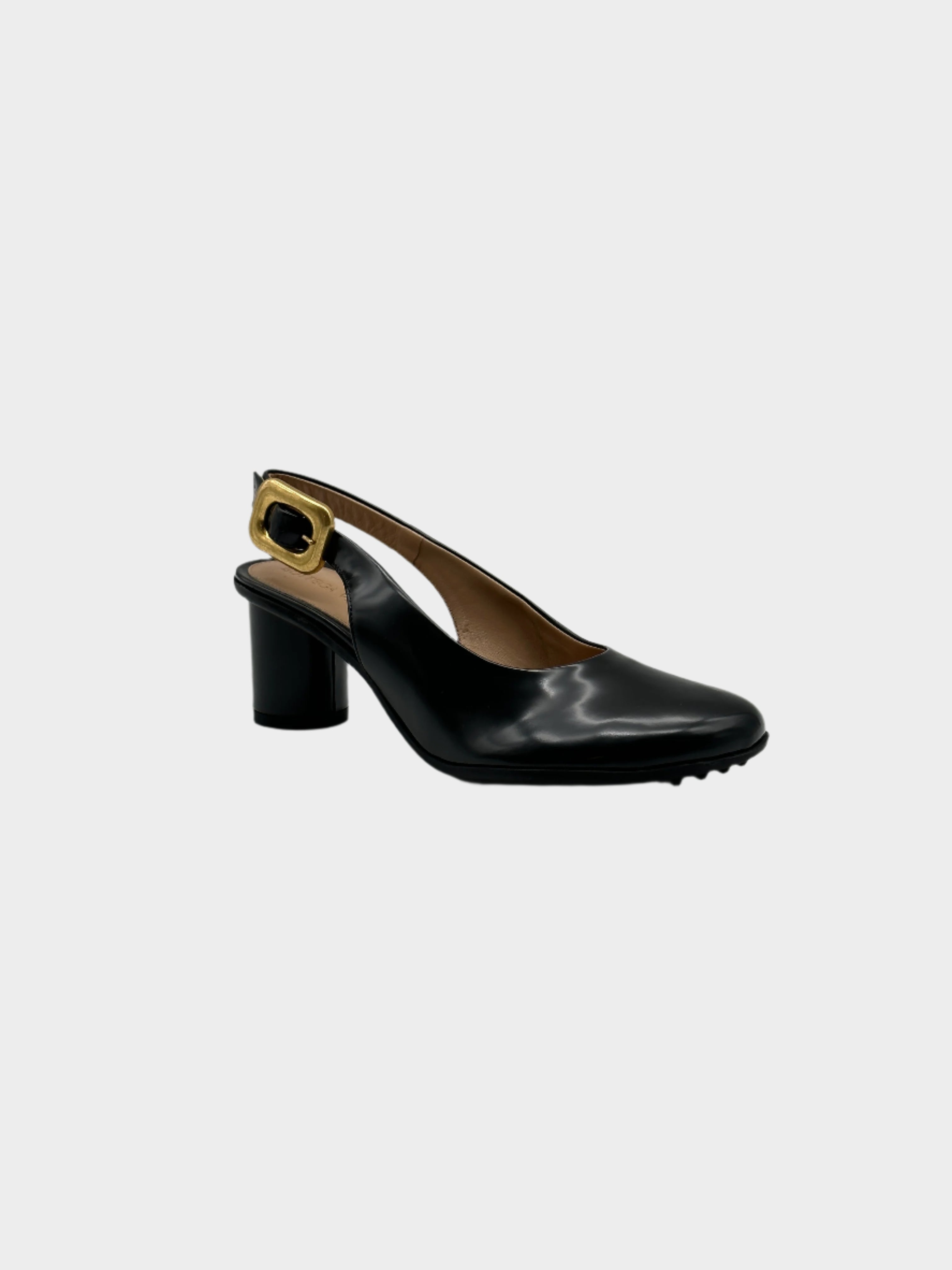 Mules With Heel con punta arrotondata, fibbia laterale e tacco arrotondato. Design elegante e moderno