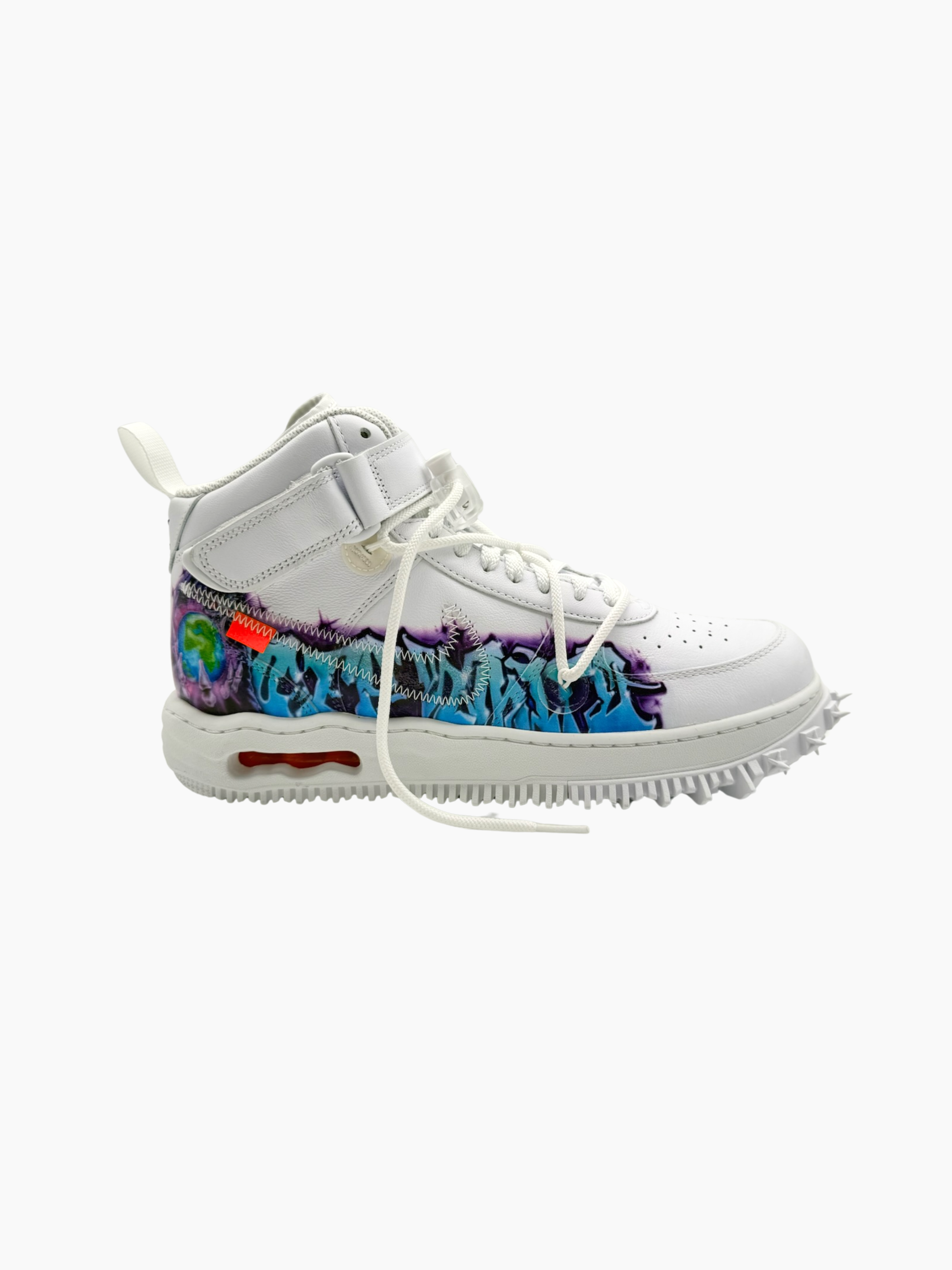 Sneakers Nike Air Force 1 Mid Off-White bianche con graffiti multicolor vista laterale