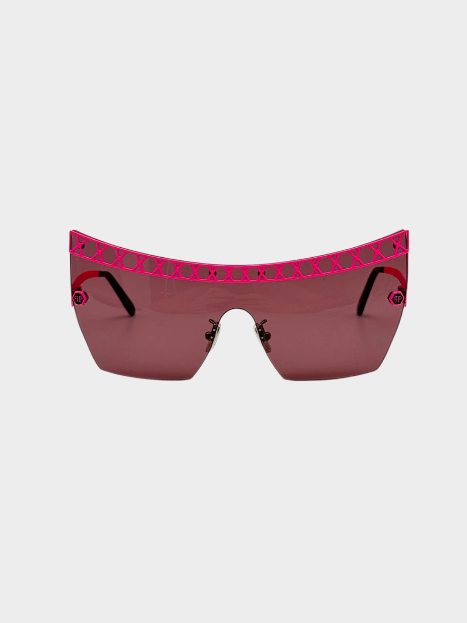 Occhiali da sole Philipp Plein a mascherina con lenti rosa e montatura fucsia visti frontalmente