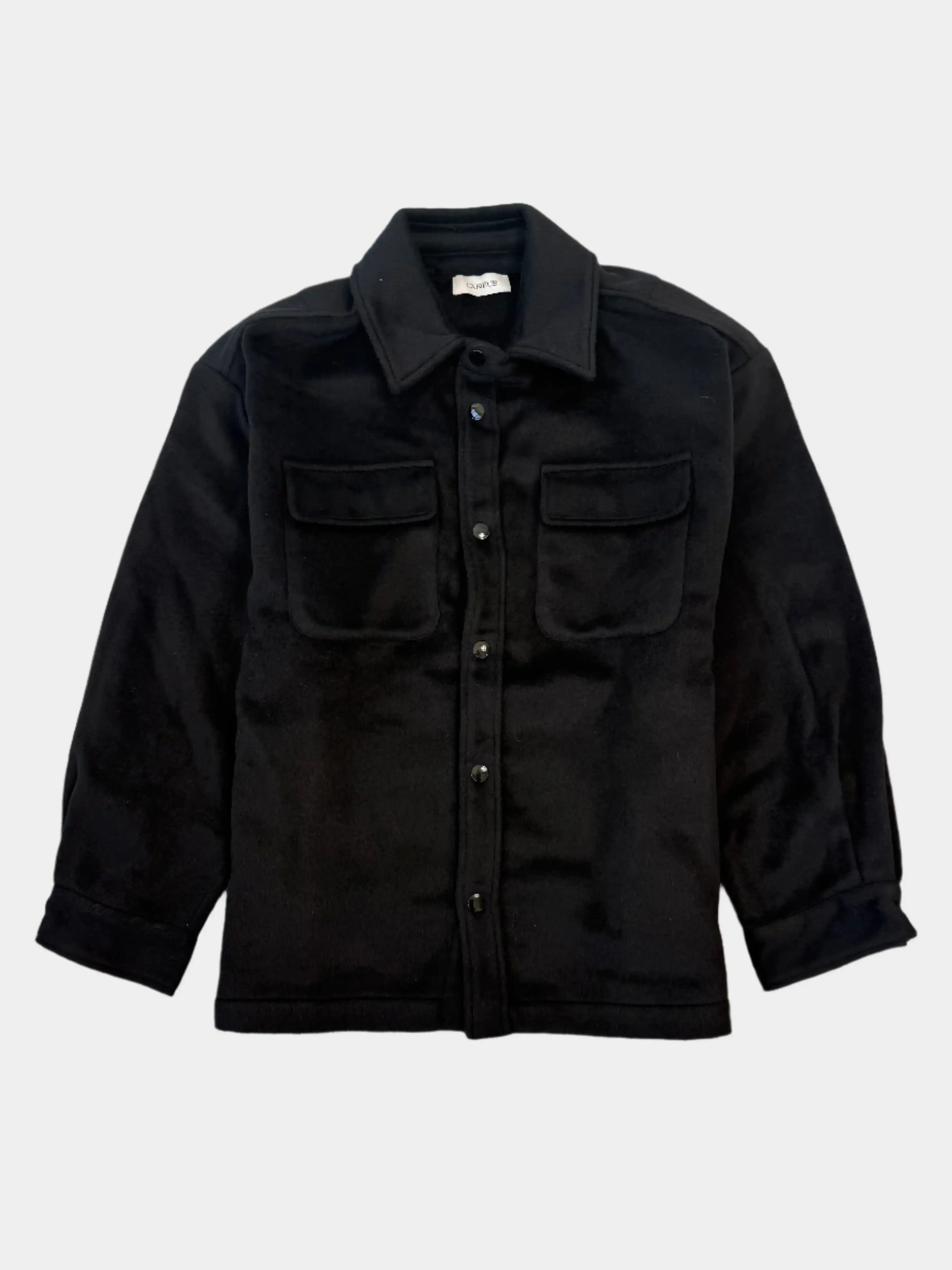 overshirt nera lana, camicia giacca Laneus, overshirt con bottoni snap, giacca leggera uomo Laneus