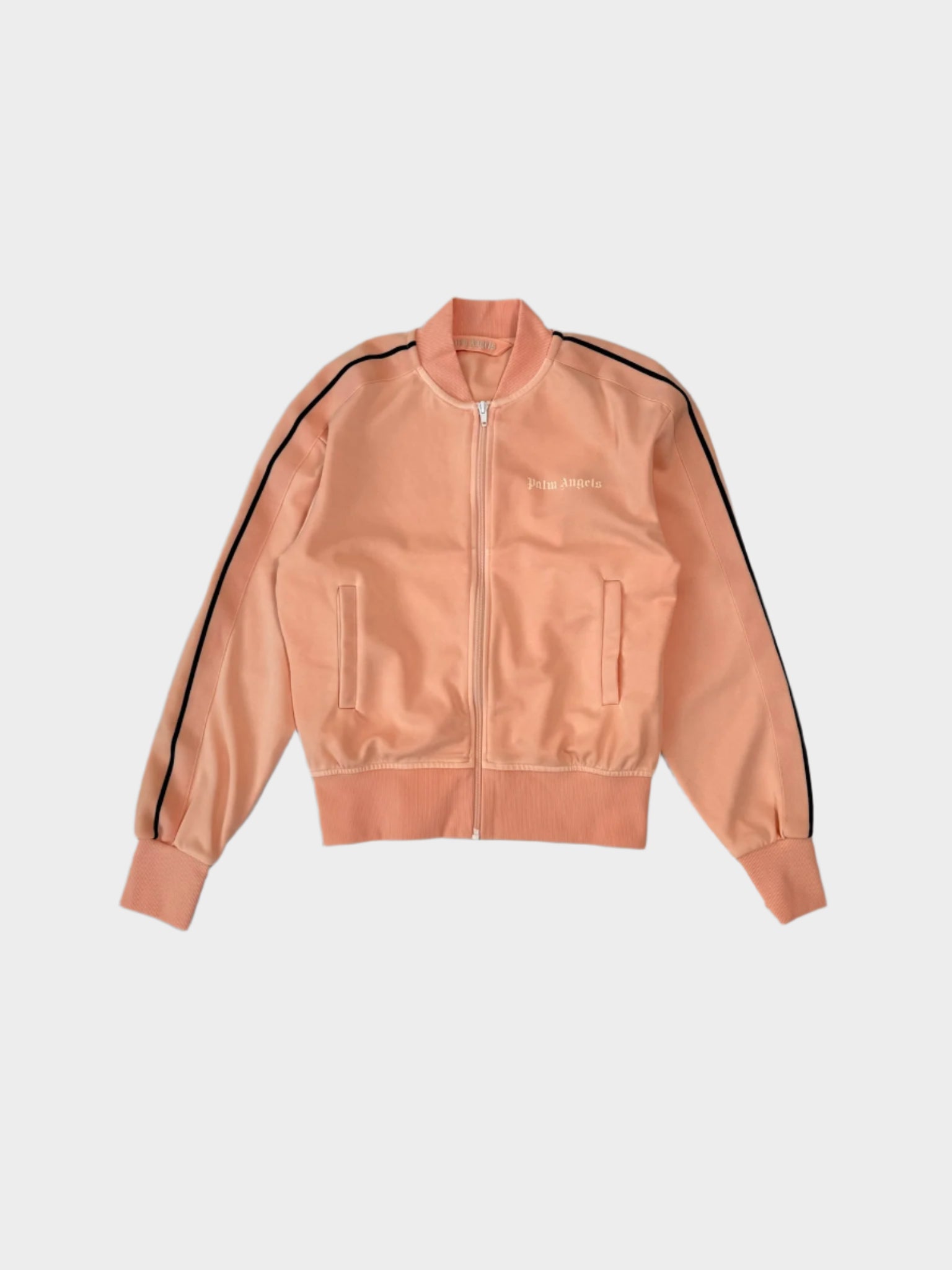 Vista frontale della giacca Palm Angels salmone con bande nere