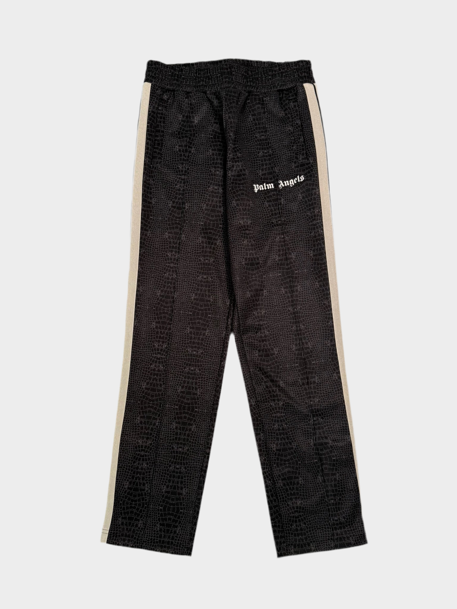 Vista frontale dei pantaloni Palm Angels grigi effetto acetato con fantasia pitonata