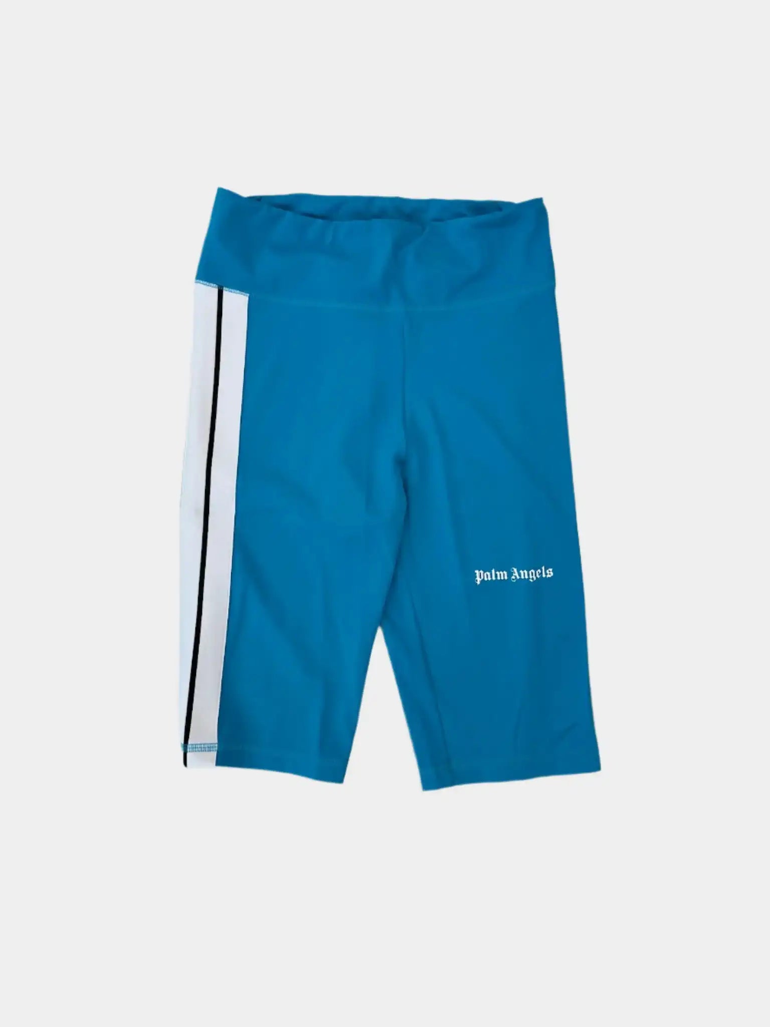  Vista frontale degli shorts ciclista Palm Angels blu con bande bianche