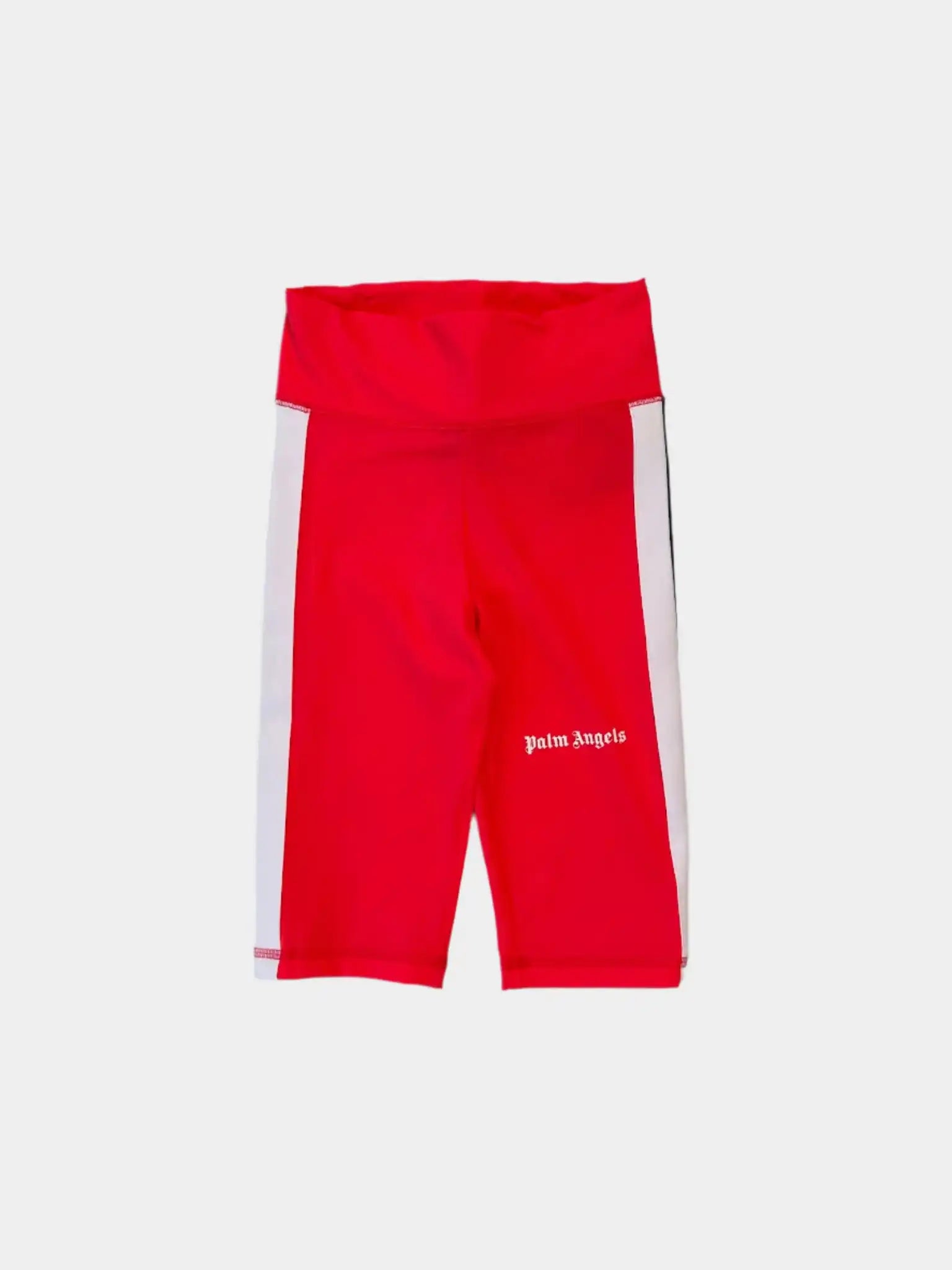 Vista frontale degli shorts ciclista Palm Angels fucsia con bande bianche
