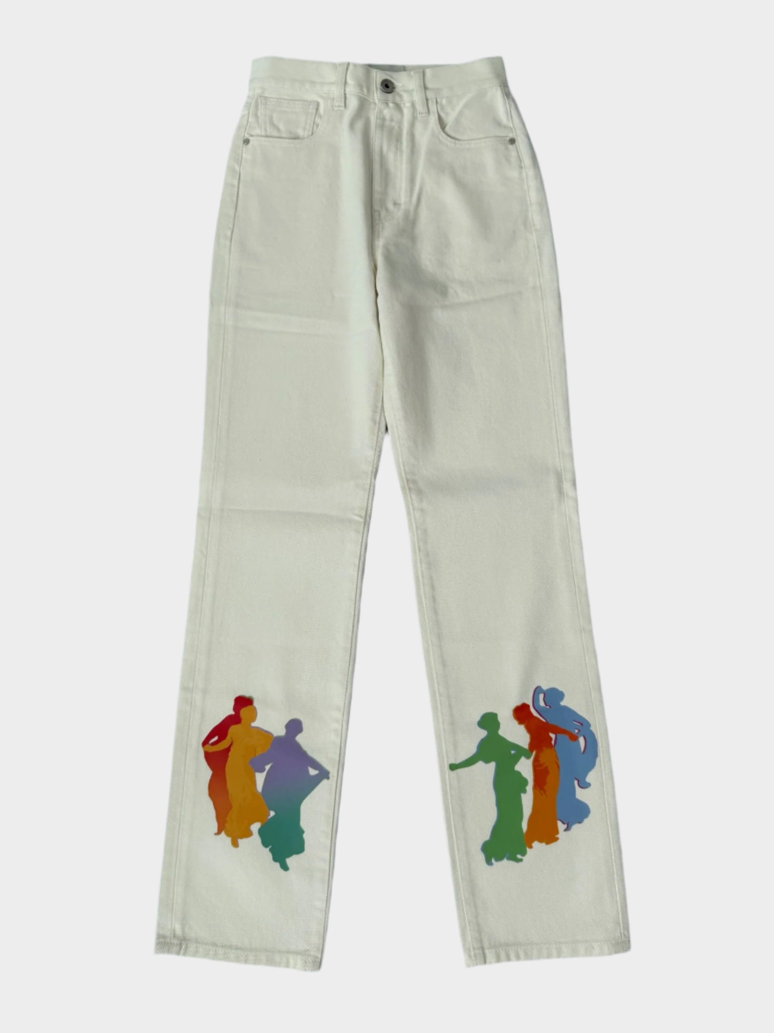 Pantaloni bianchi KIRIN Peggy Gou con stampa colorata Muses sulle gambe vista frontale