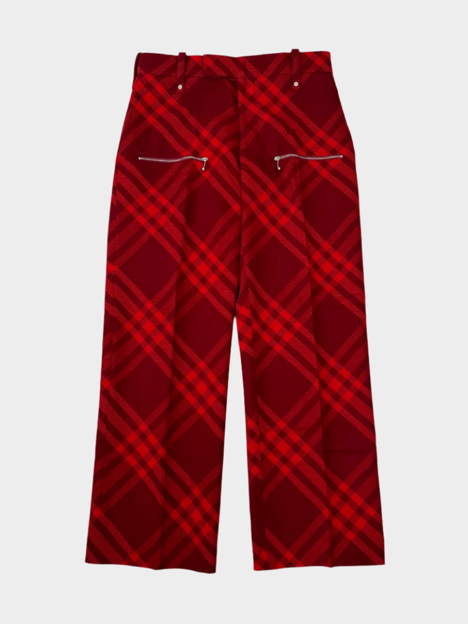 Pantaloni Burberry rossi a quadri con zip frontali vista fronte