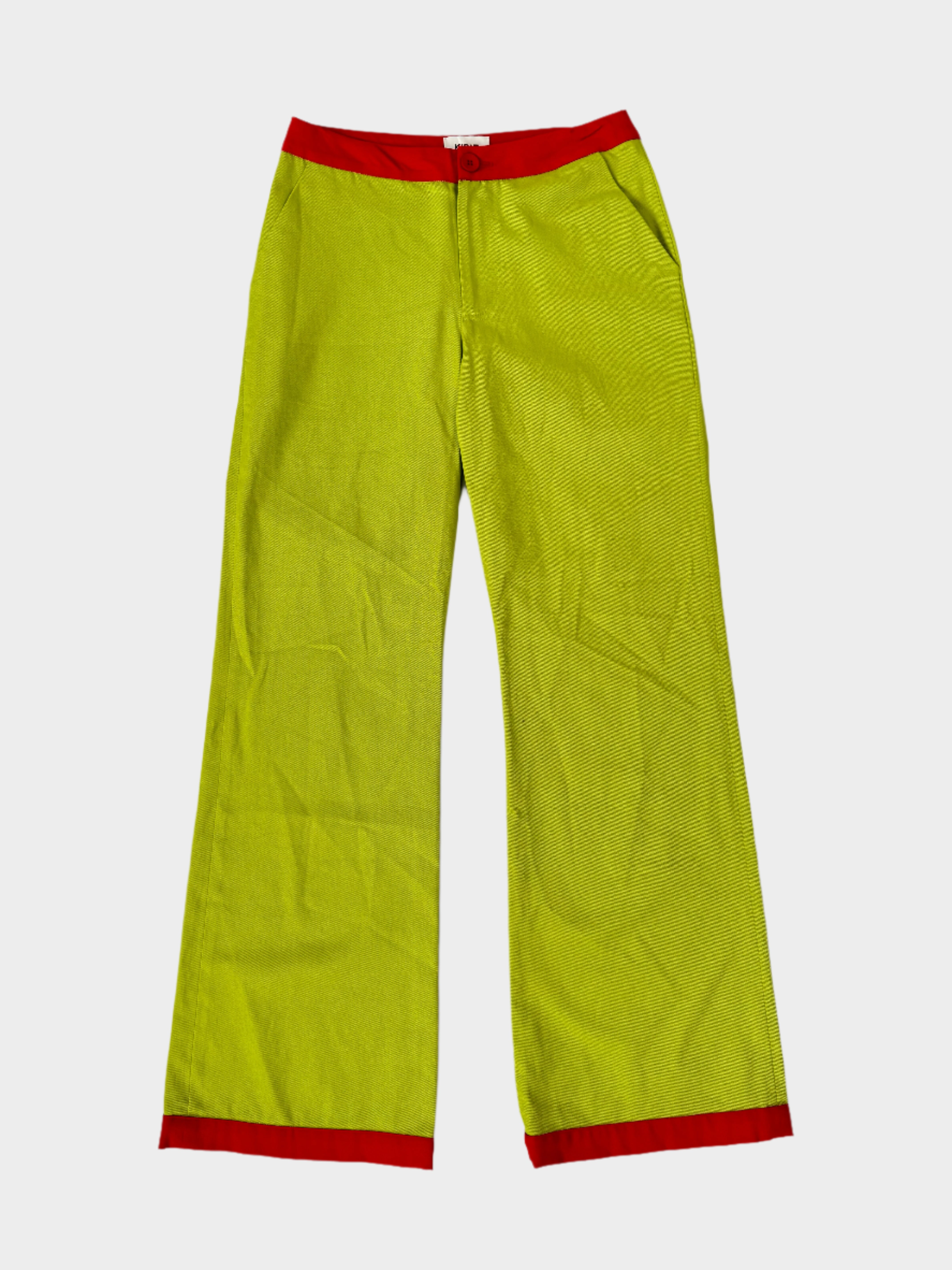 Pantaloni in cotone verde lime con cintura e fondo rossi firmati Kirin Peggy Gou, vista frontale