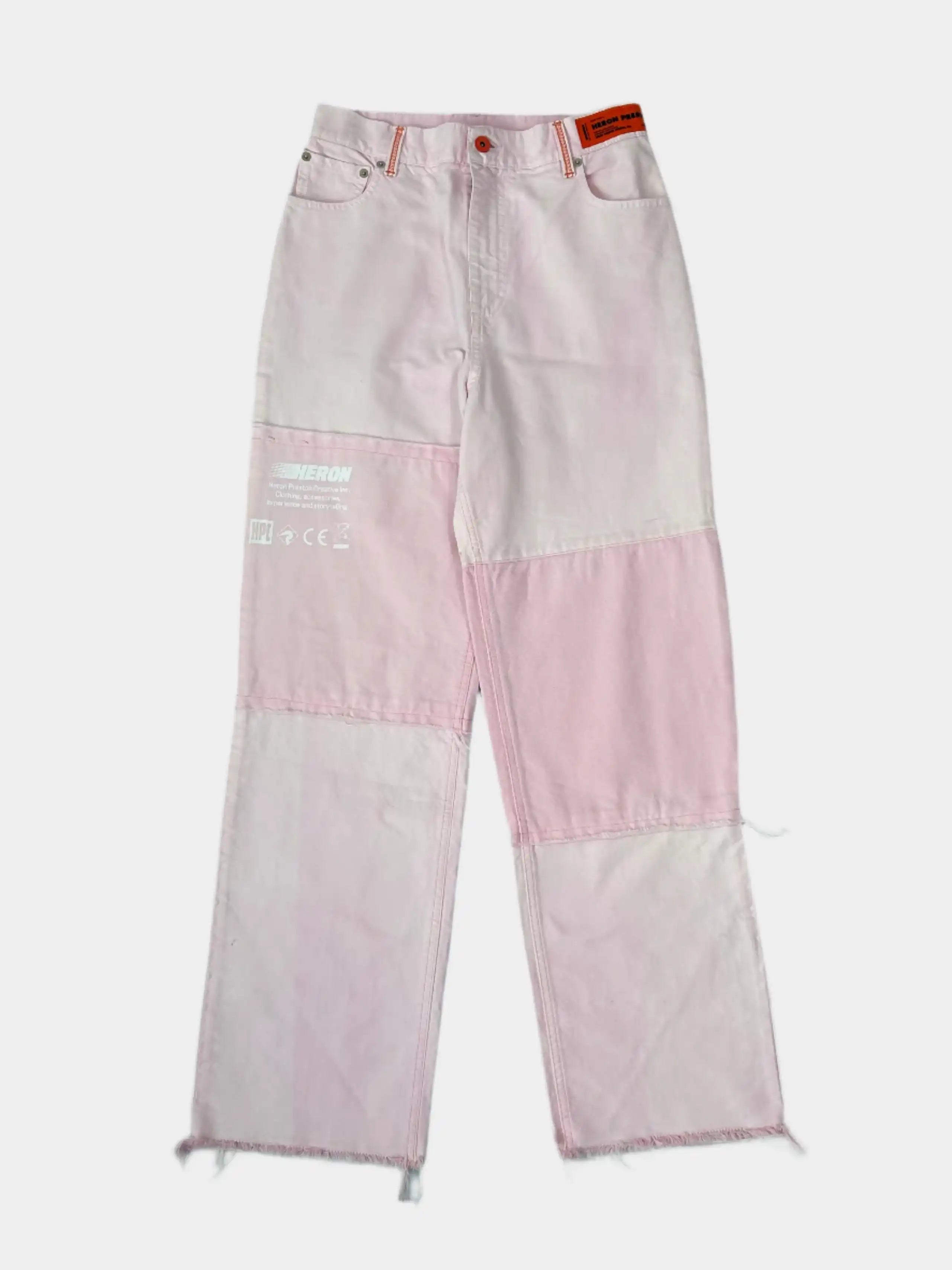 pantaloni denim rosa, pantaloni bianchi uomo, jeans patchwork, pantaloni sfrangiati, pantaloni streetwear, Heron Preston
