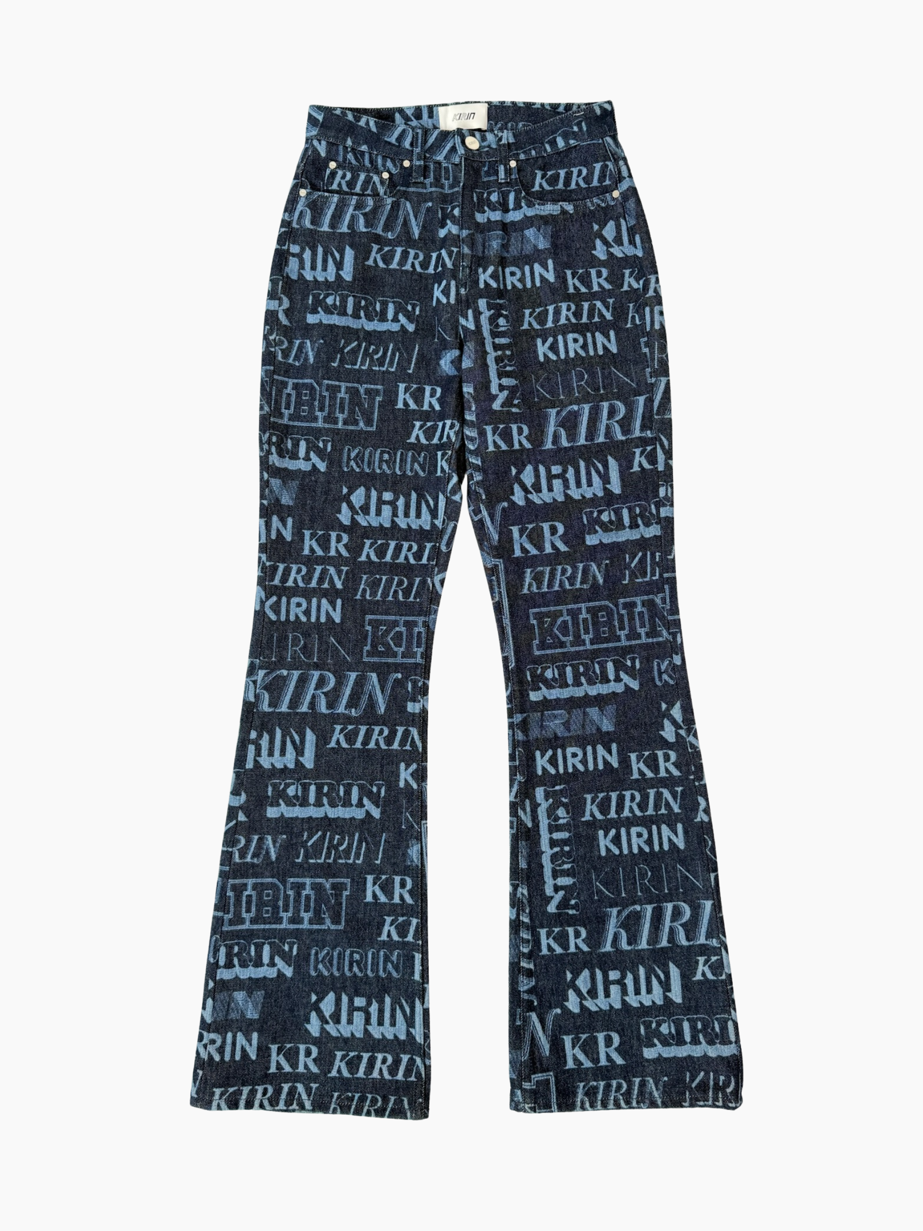 Pantaloni flare in denim blu Kirin con stampa logo all-over