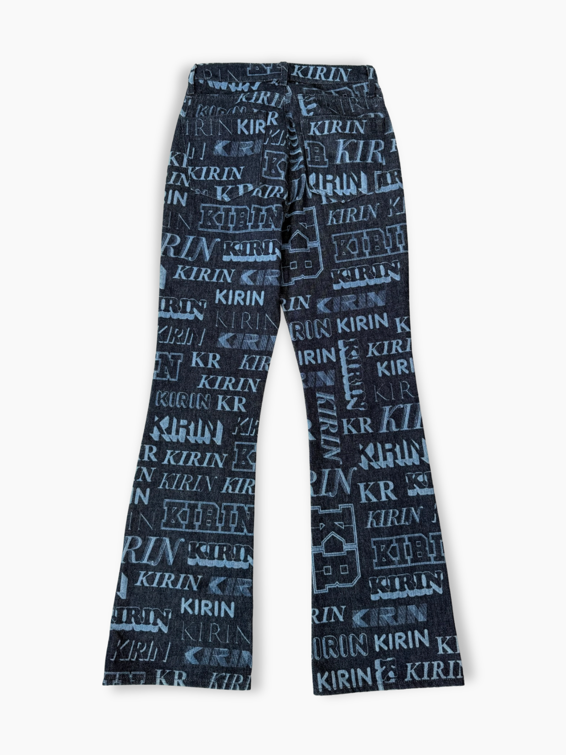 Pantaloni flare in denim blu Kirin con stampa logo all-over