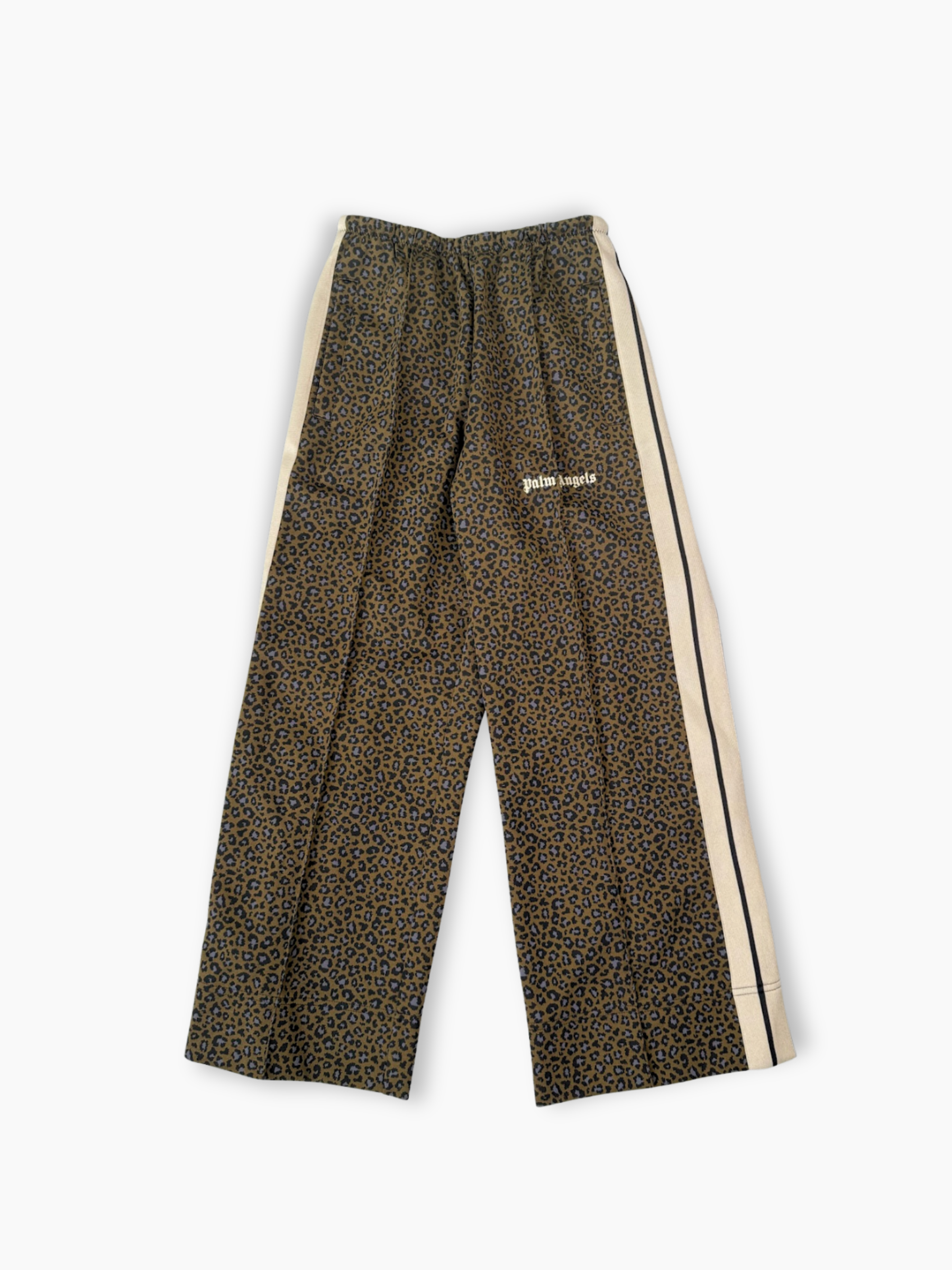Pantaloni Palm Angels leopardati marroni con bande laterali vista frontale