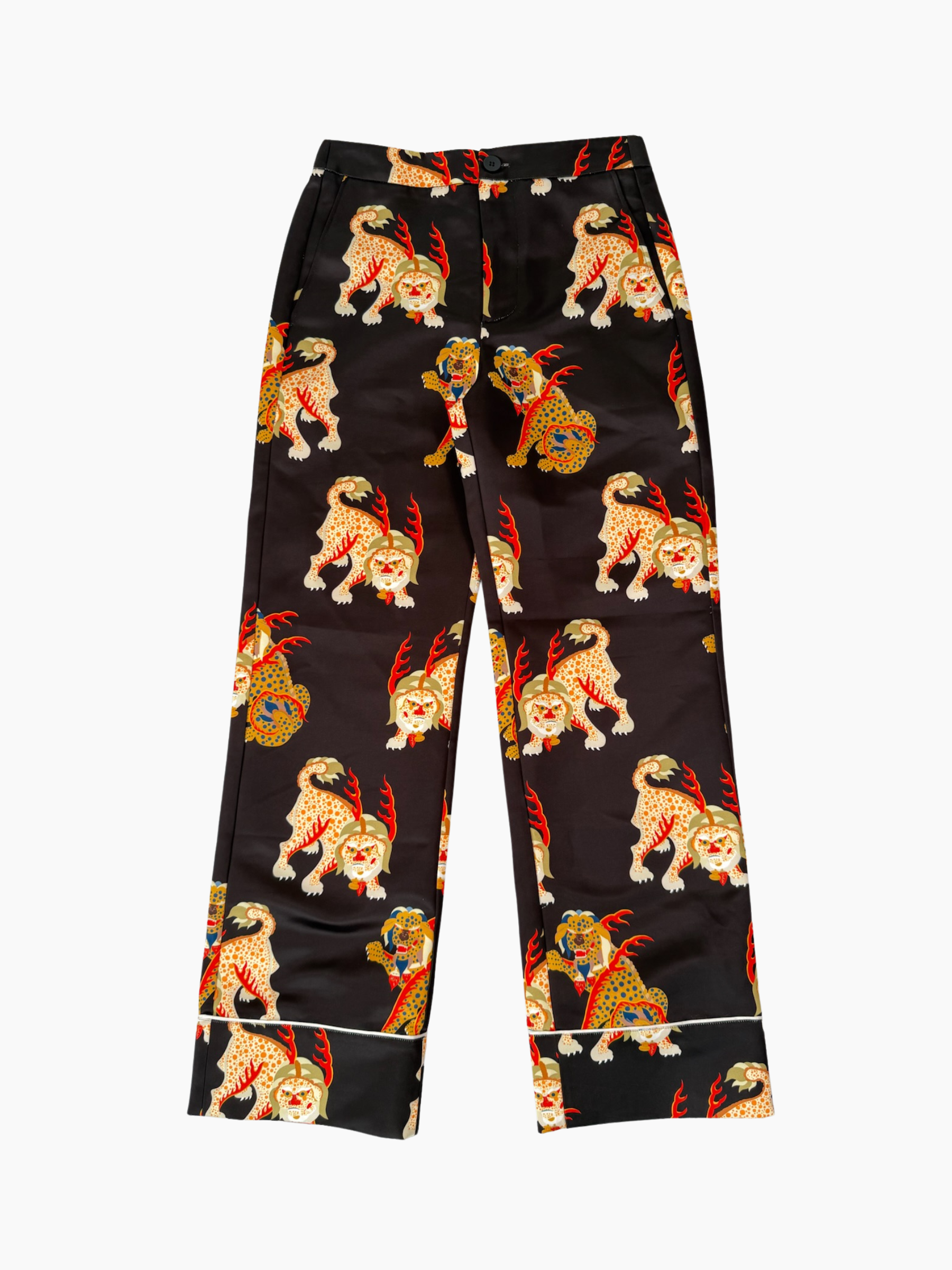Pantaloni neri in duchesse Kirin con stampa Haetae colorata