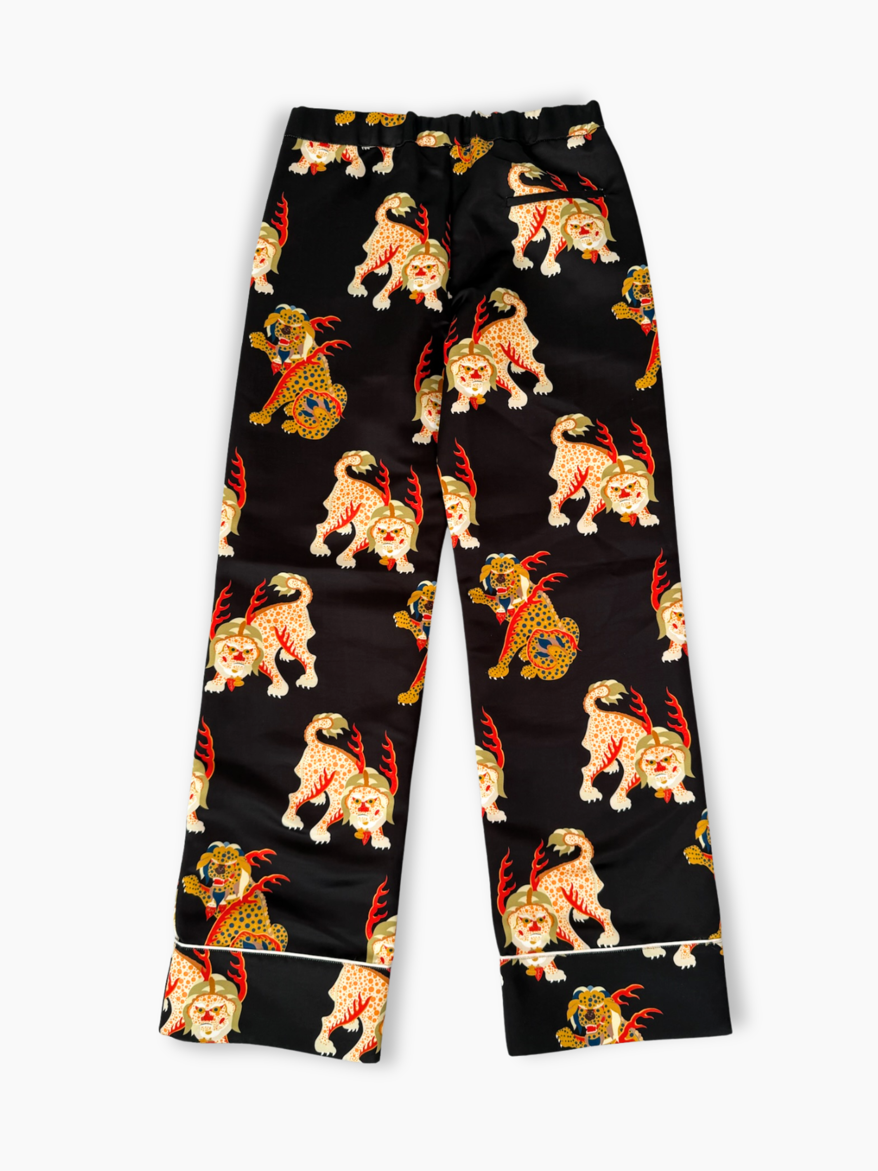 Pantaloni neri in duchesse Kirin con stampa Haetae colorata