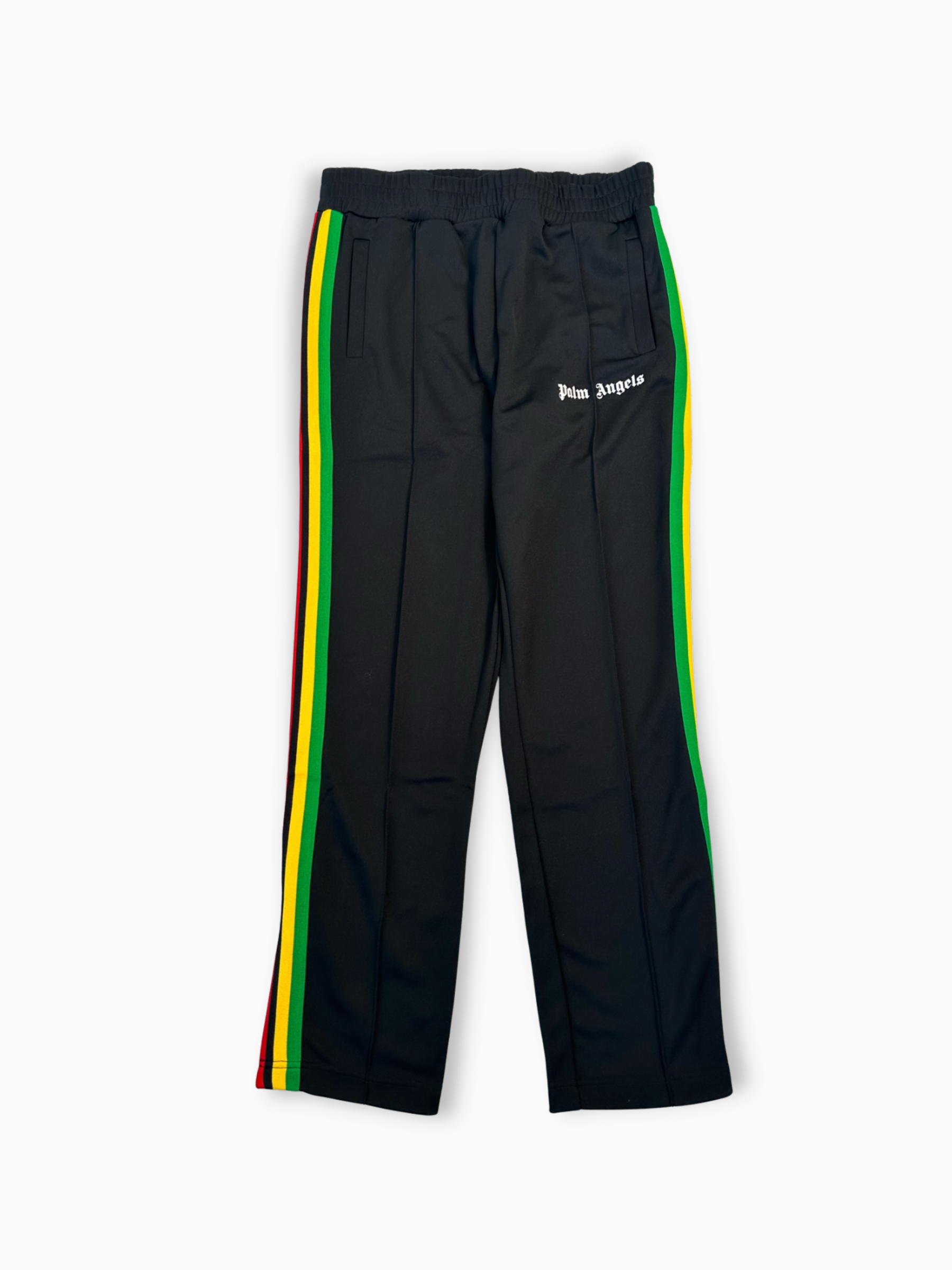 Pantaloni neri Palm Angels con bande laterali multicolor vista frontale