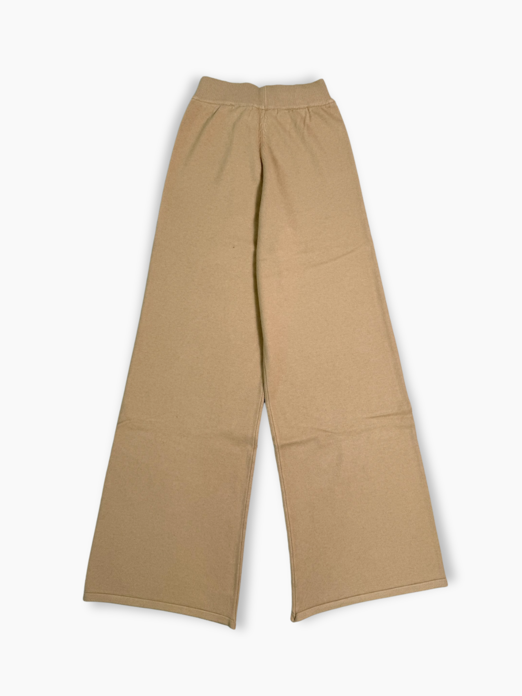 Pantaloni a palazzo in maglia nocciola con logo tono su tono ricamato sulla gamba