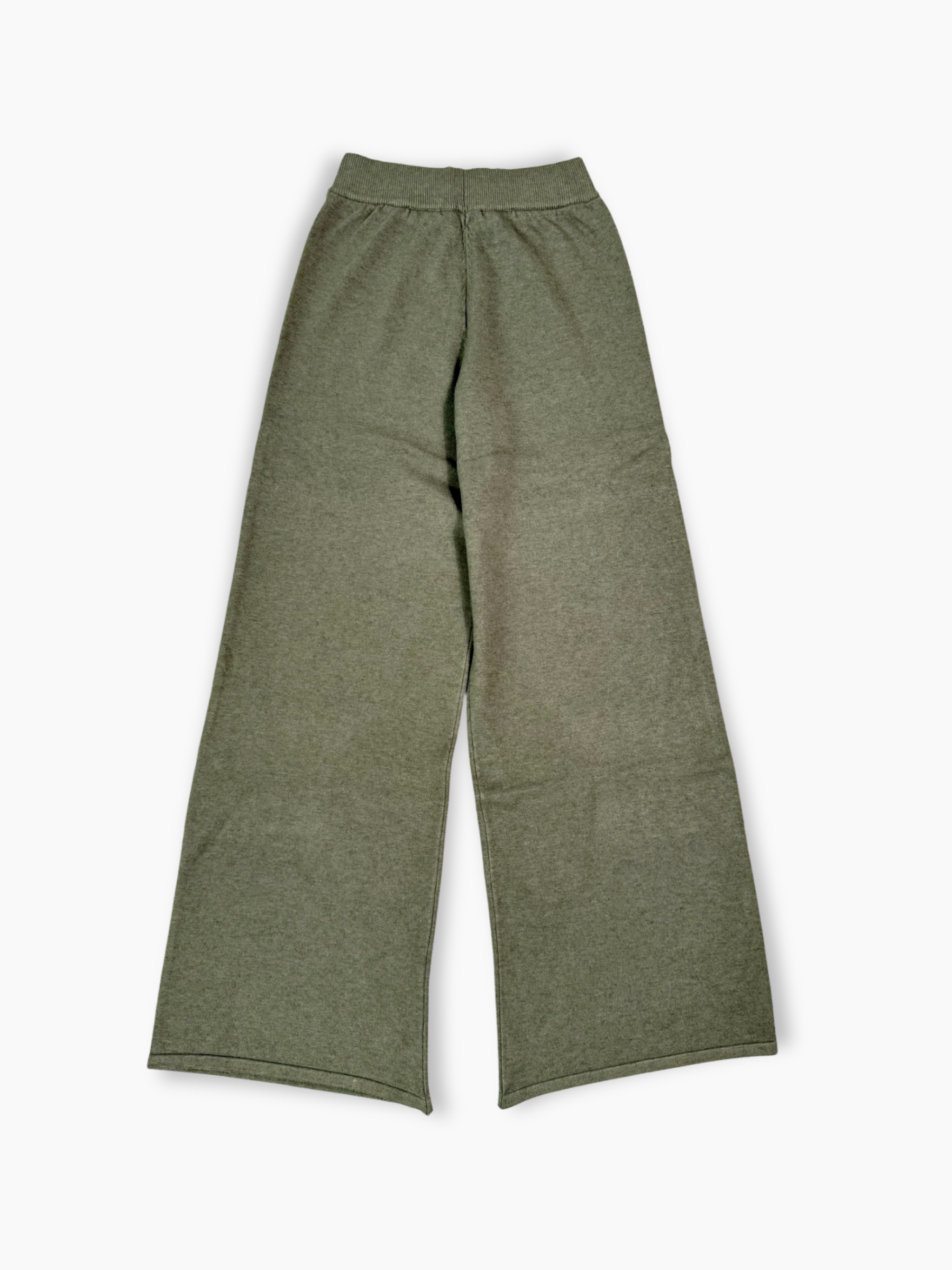 Pantaloni a palazzo in maglia verde con logo tono su tono ricamato sulla gamba