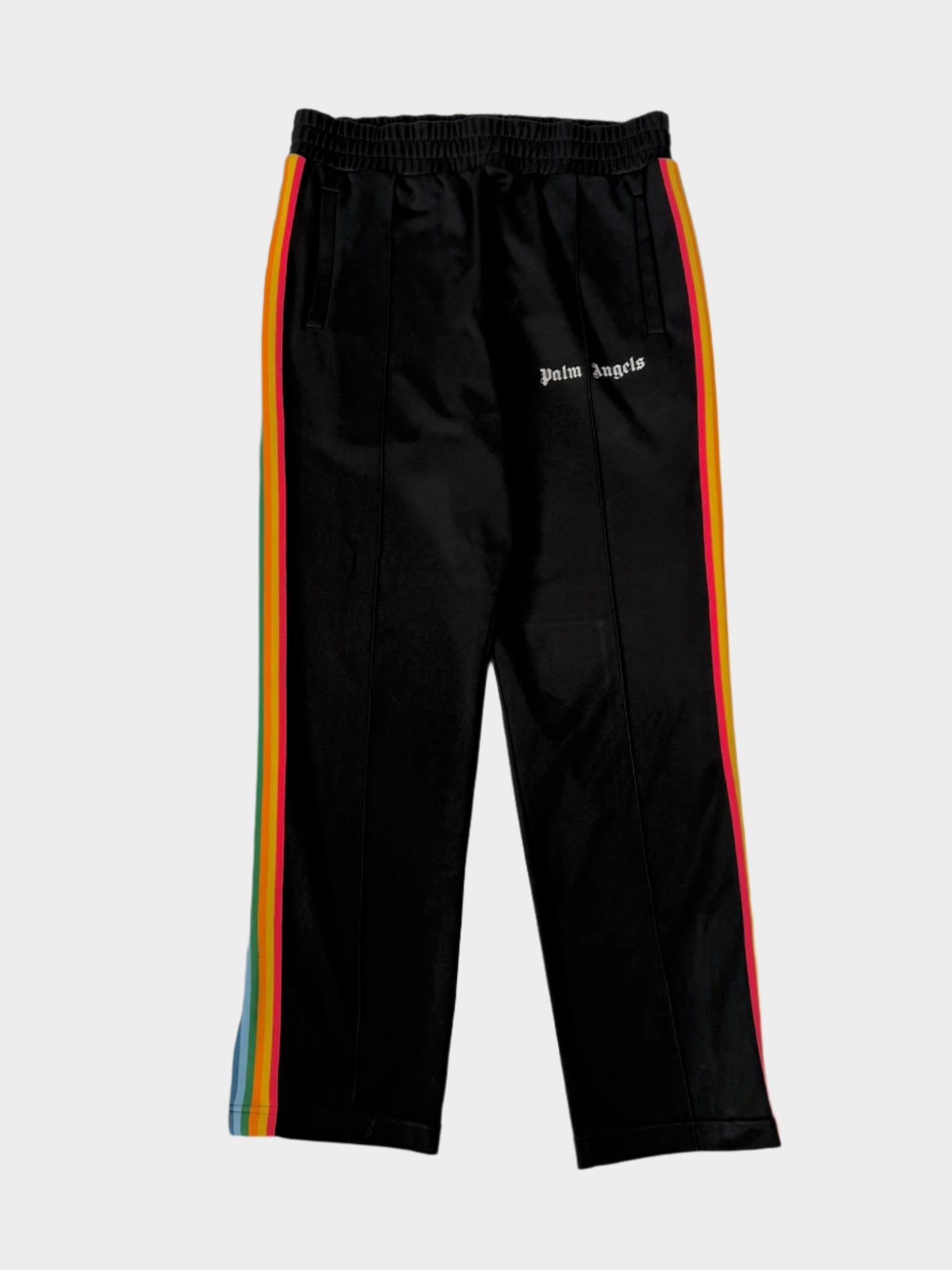 Pantaloni tuta Palm Angels con bande arcobaleno e scritta su gamba sinistra