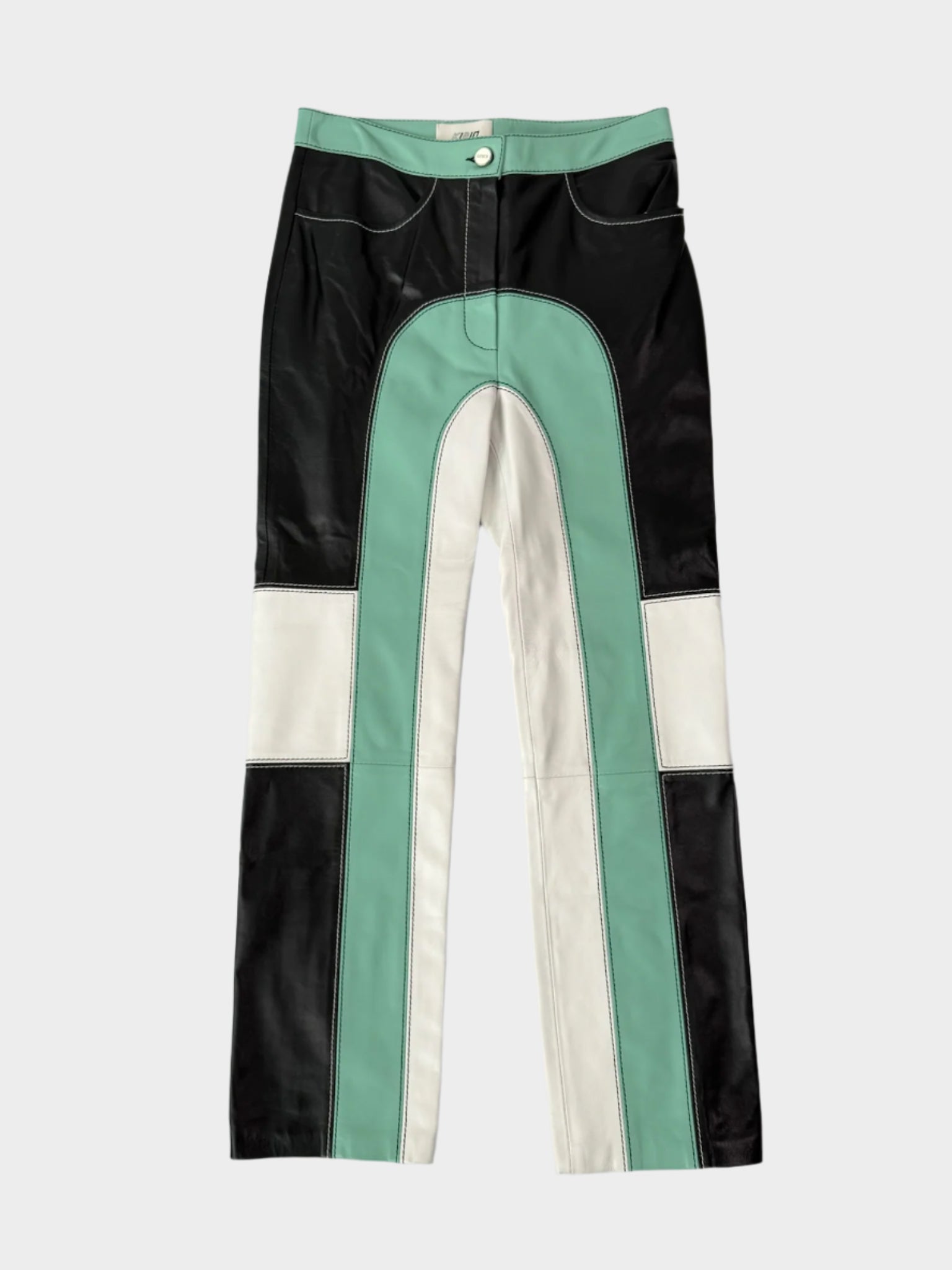 Pantaloni in pelle multicolore con inserti verde menta firmati Kirin Peggy Gou vista frontale