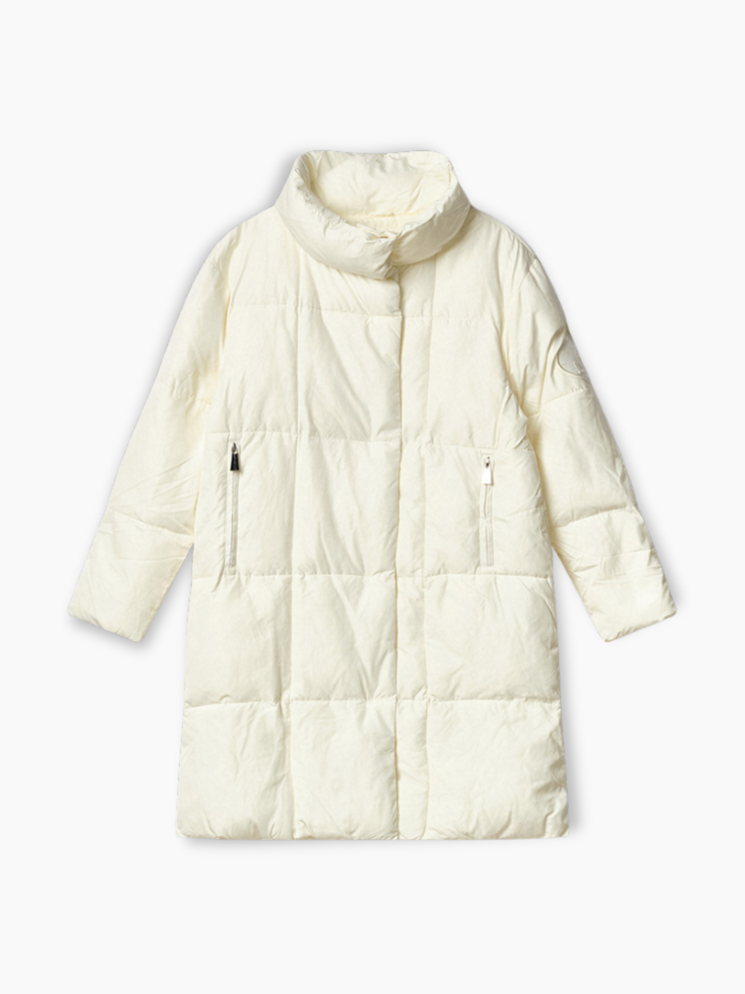 Piumino lungo bianco Hinnominate in tessuto tecnico con tasche zip vista frontale