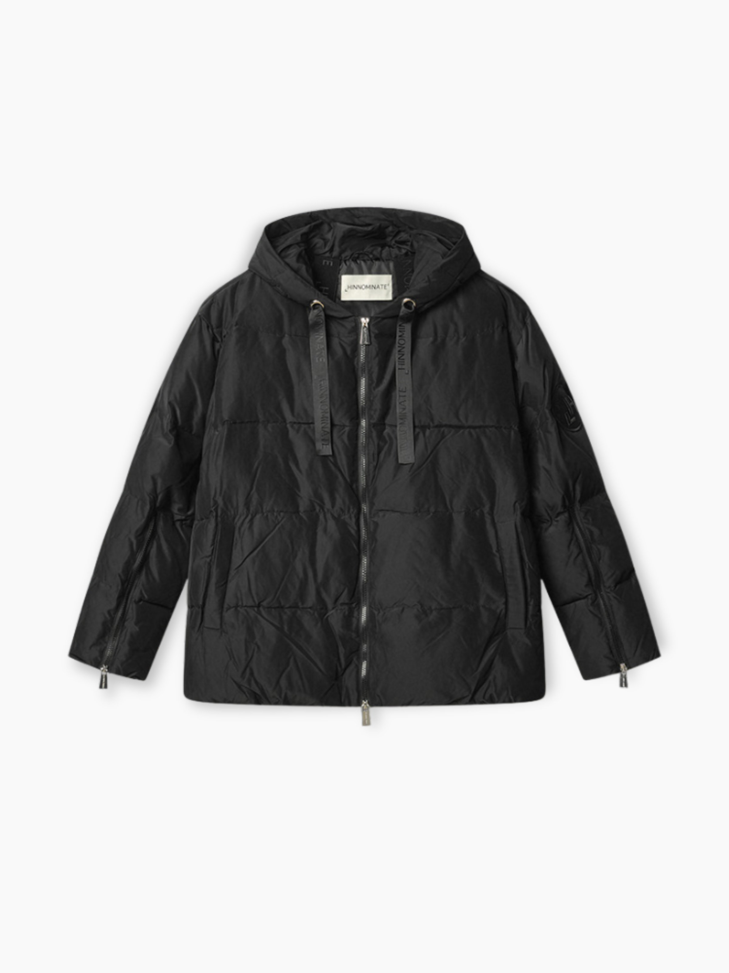 Piumino nero Hinnominate con cappuccio e zip vista frontale