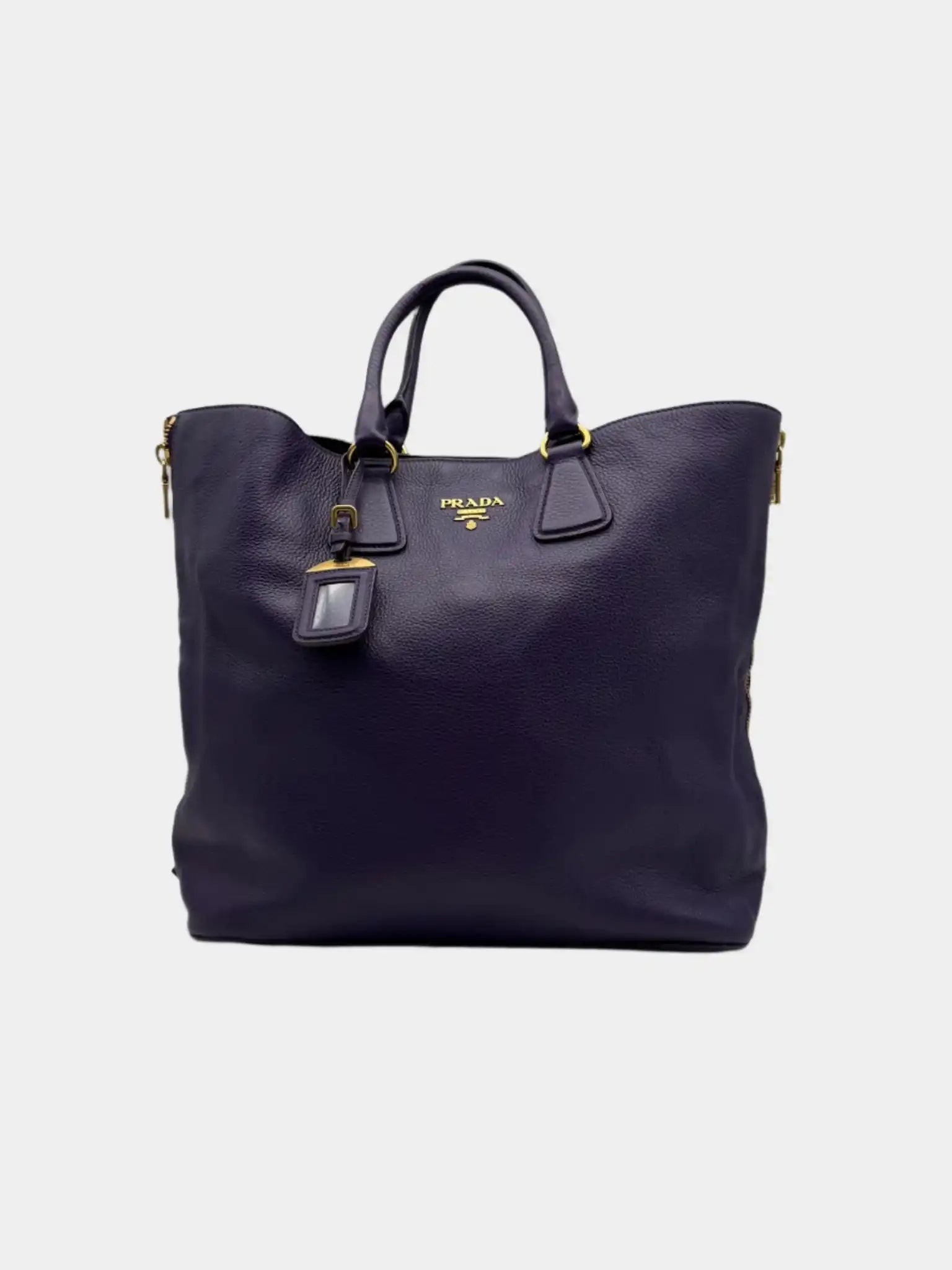Vista frontale della borsa Prada Vitello Daino Side Zip Convertible Tote viola