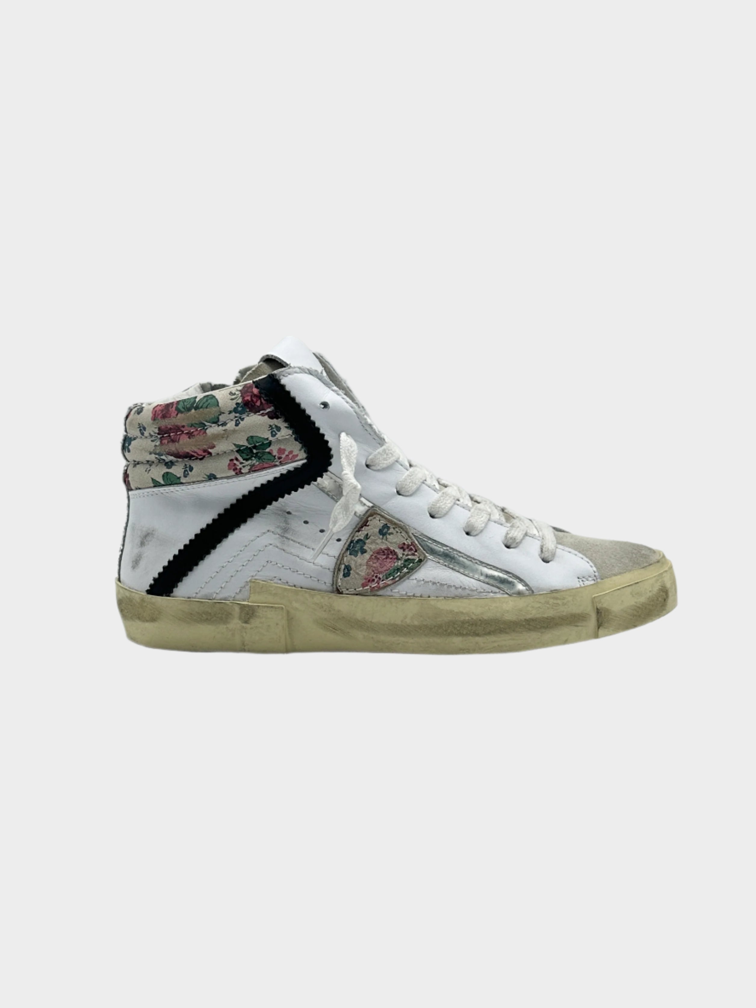 sneaker donna alta, Philippe Model fiori, prsx high woman, sneaker floreali, scarpe pelle bianche rosse, Qlhype

