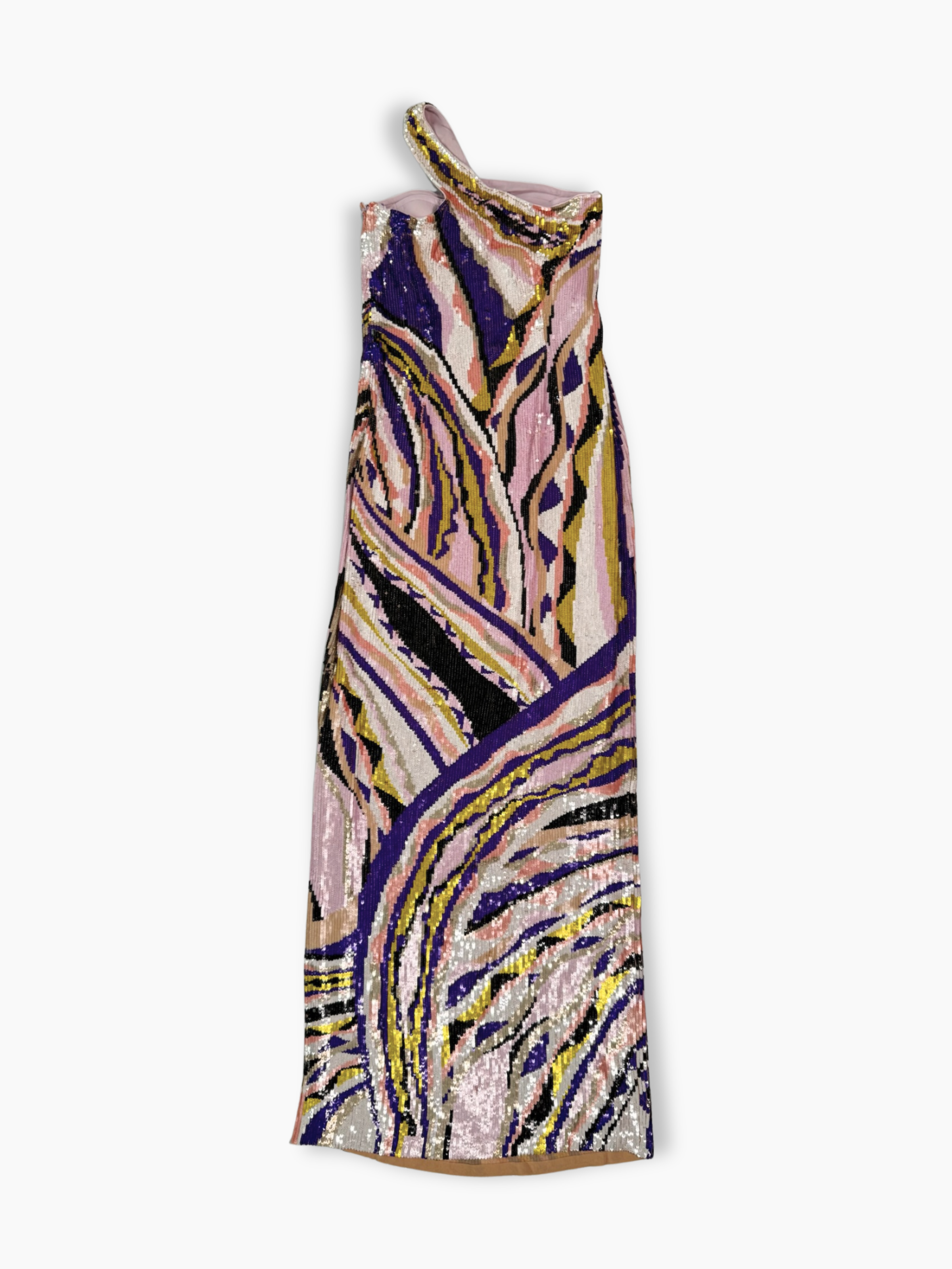 Retro vestito elegante da sera monospalla con paillettes multicolor e taglio fasciante