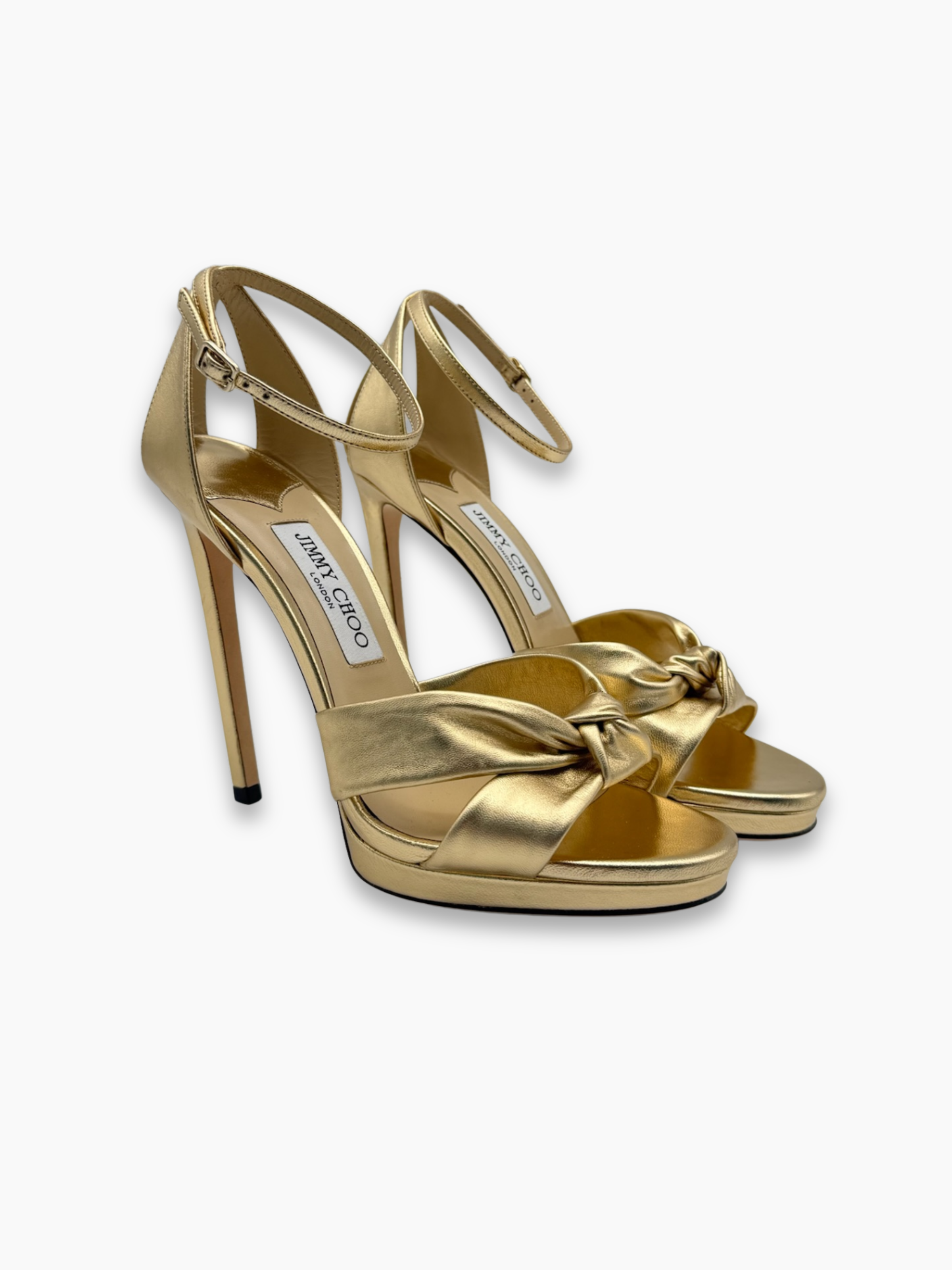 Sandali oro Jimmy Choo in pelle metallizzata con cinturino alla caviglia e plateau discreto