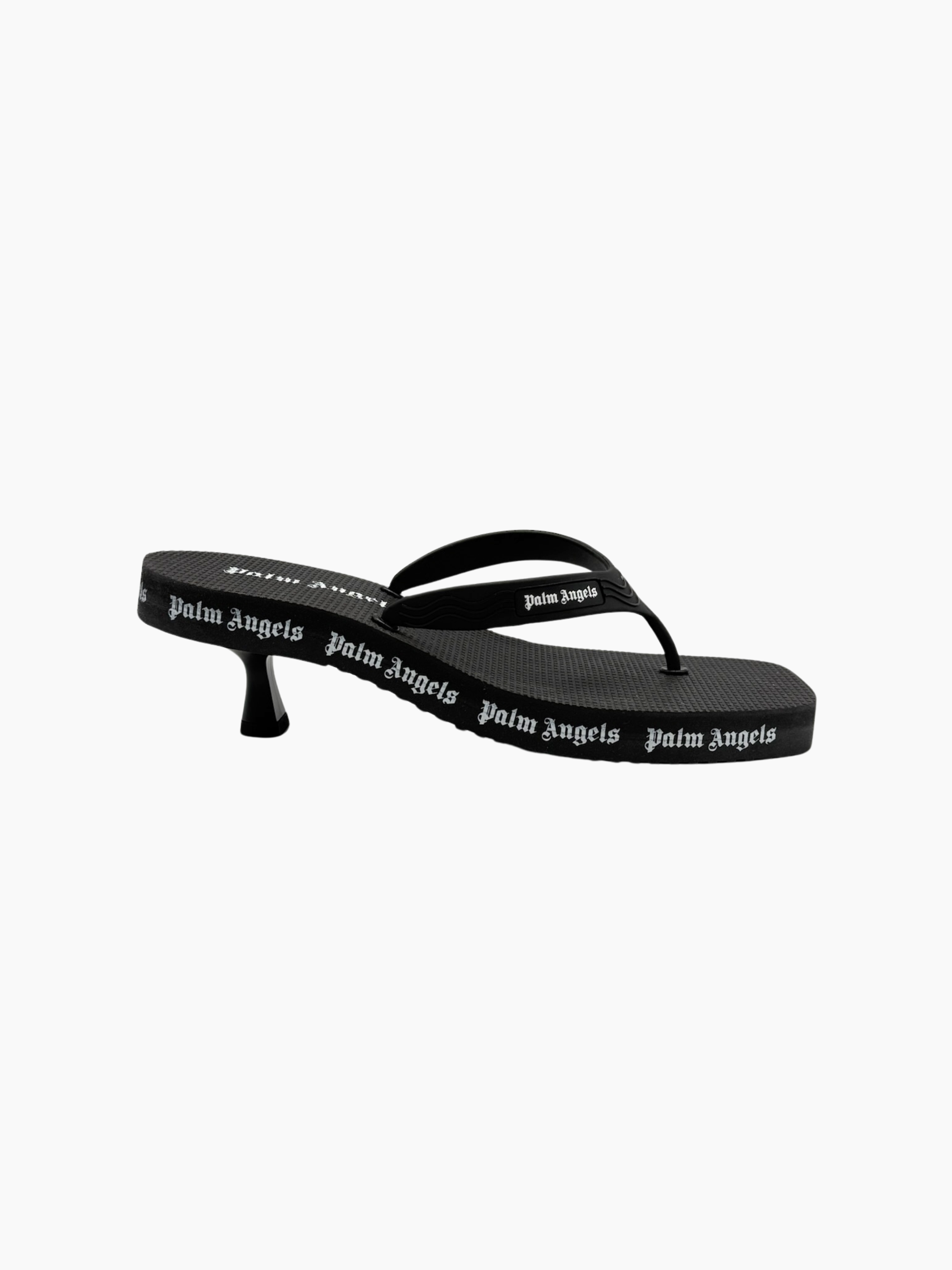 Sandali Palm Angels neri con tacco kitten e logo bianco laterale