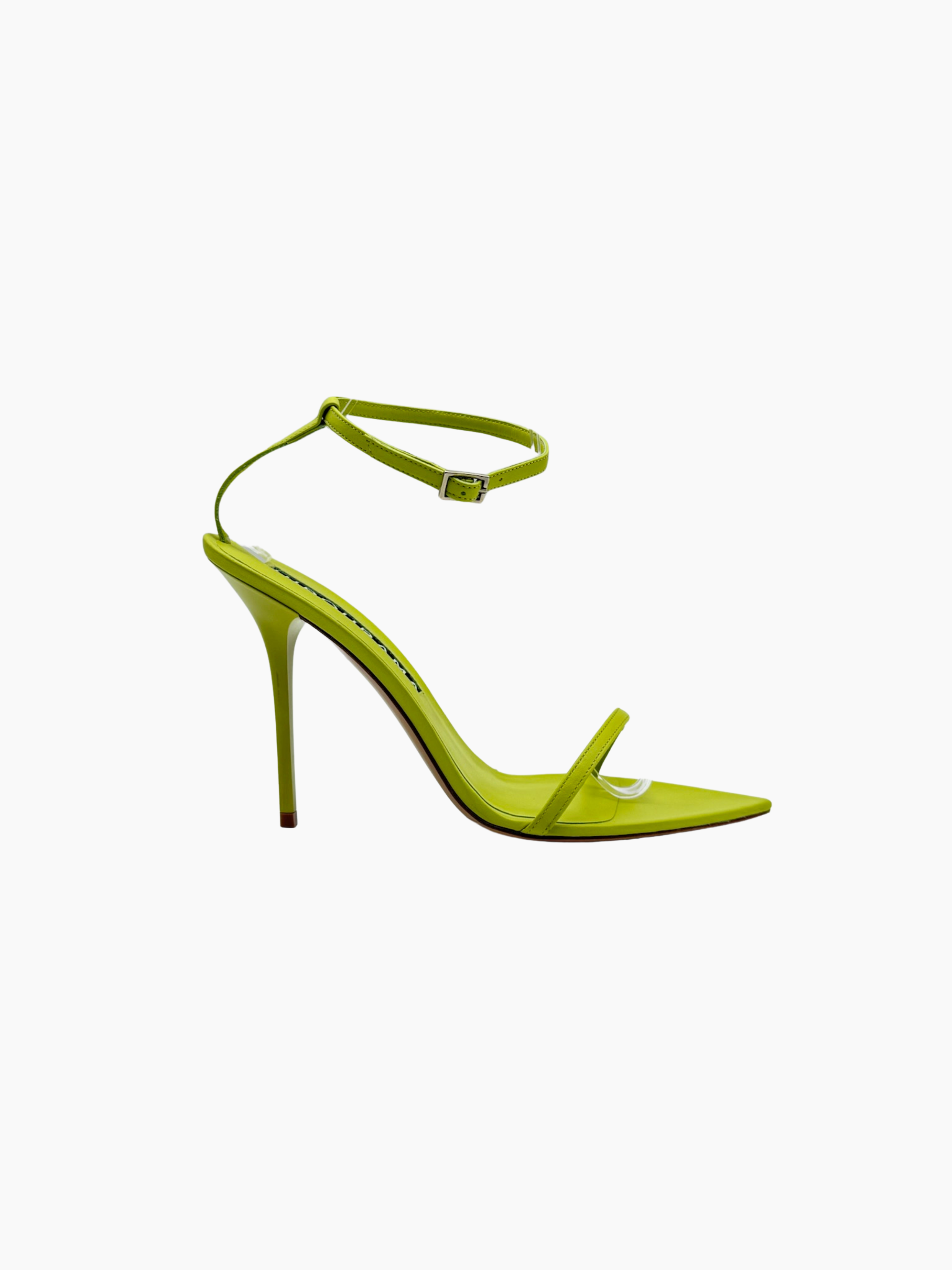 Sandali Hibourama Sandra in pelle verde lime con cinturino alla caviglia e punta affusolata vista laterale