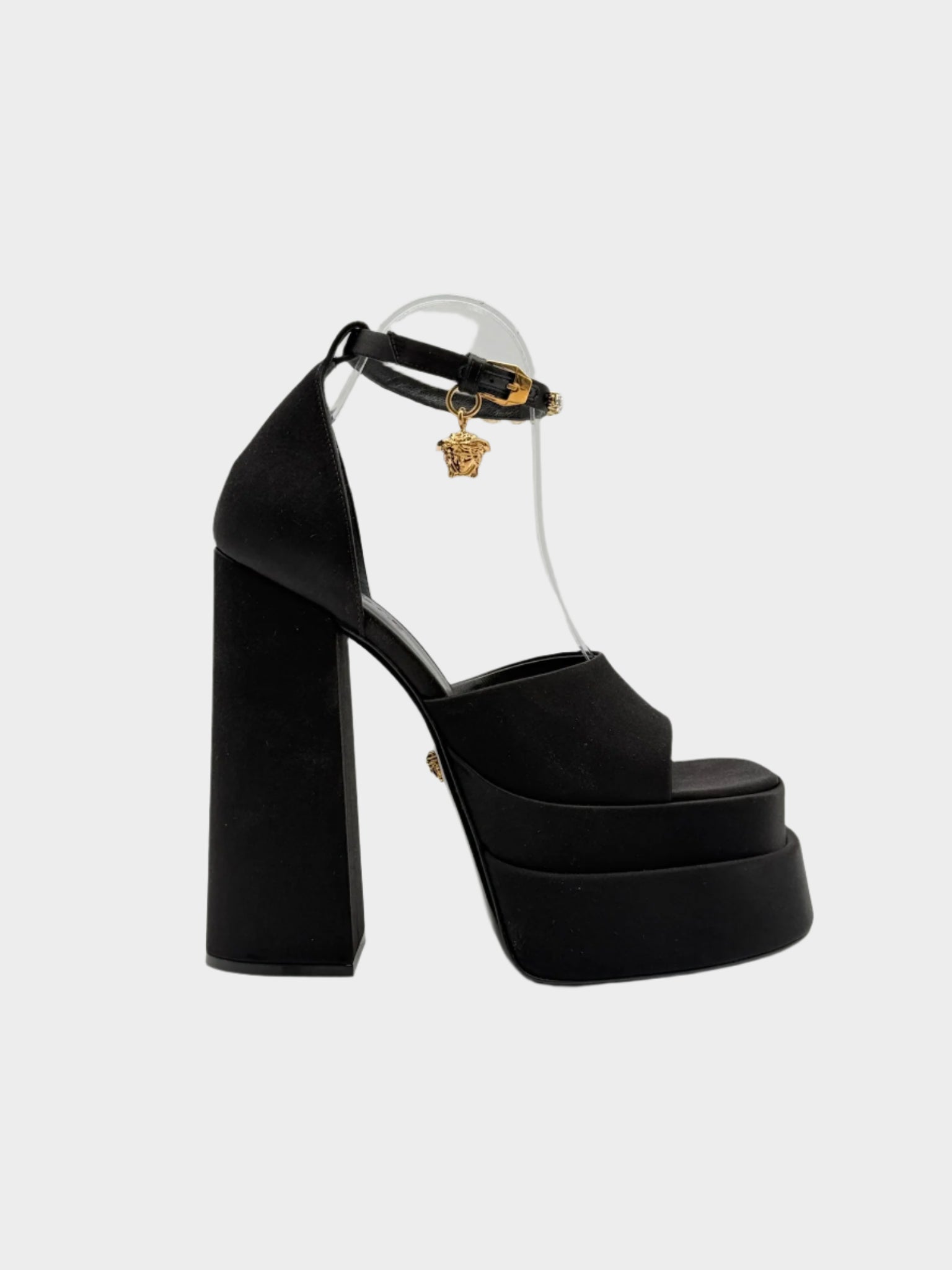 sandalo nero plateau, sandali raso donna, sandali con strass, scarpe eleganti con tacco alto, sandalo Medusa