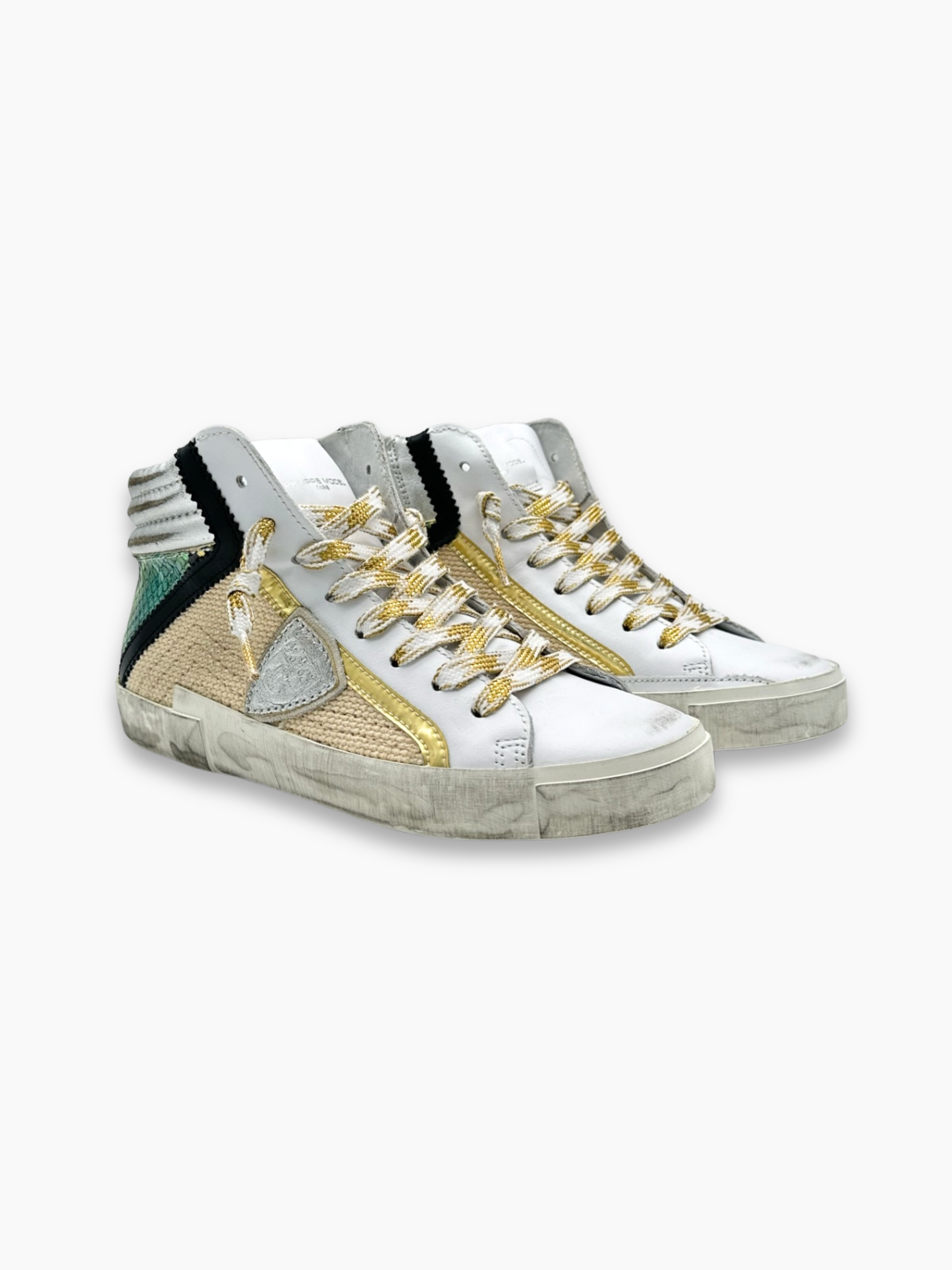 Scarpe alte Philippe Model in pelle bianca con inserti beige e dettagli oro