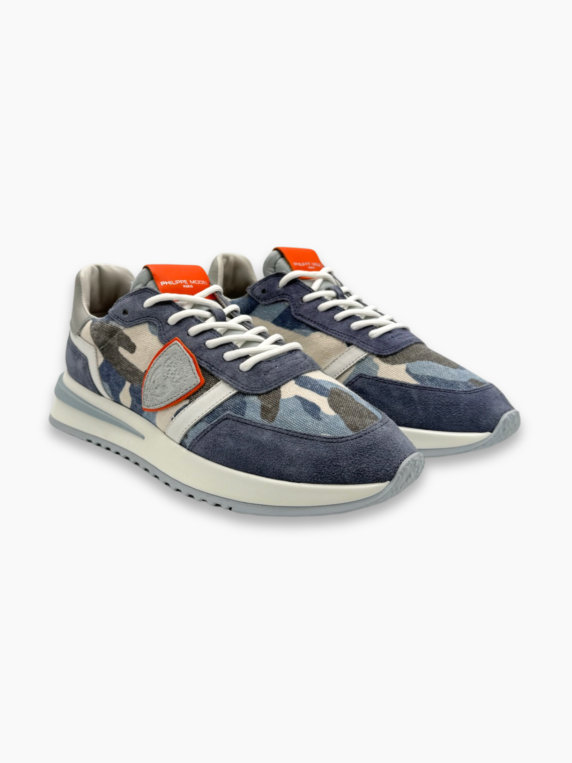 Scarpe Philippe Model in tessuto camouflage blu e suede con suola in gomma