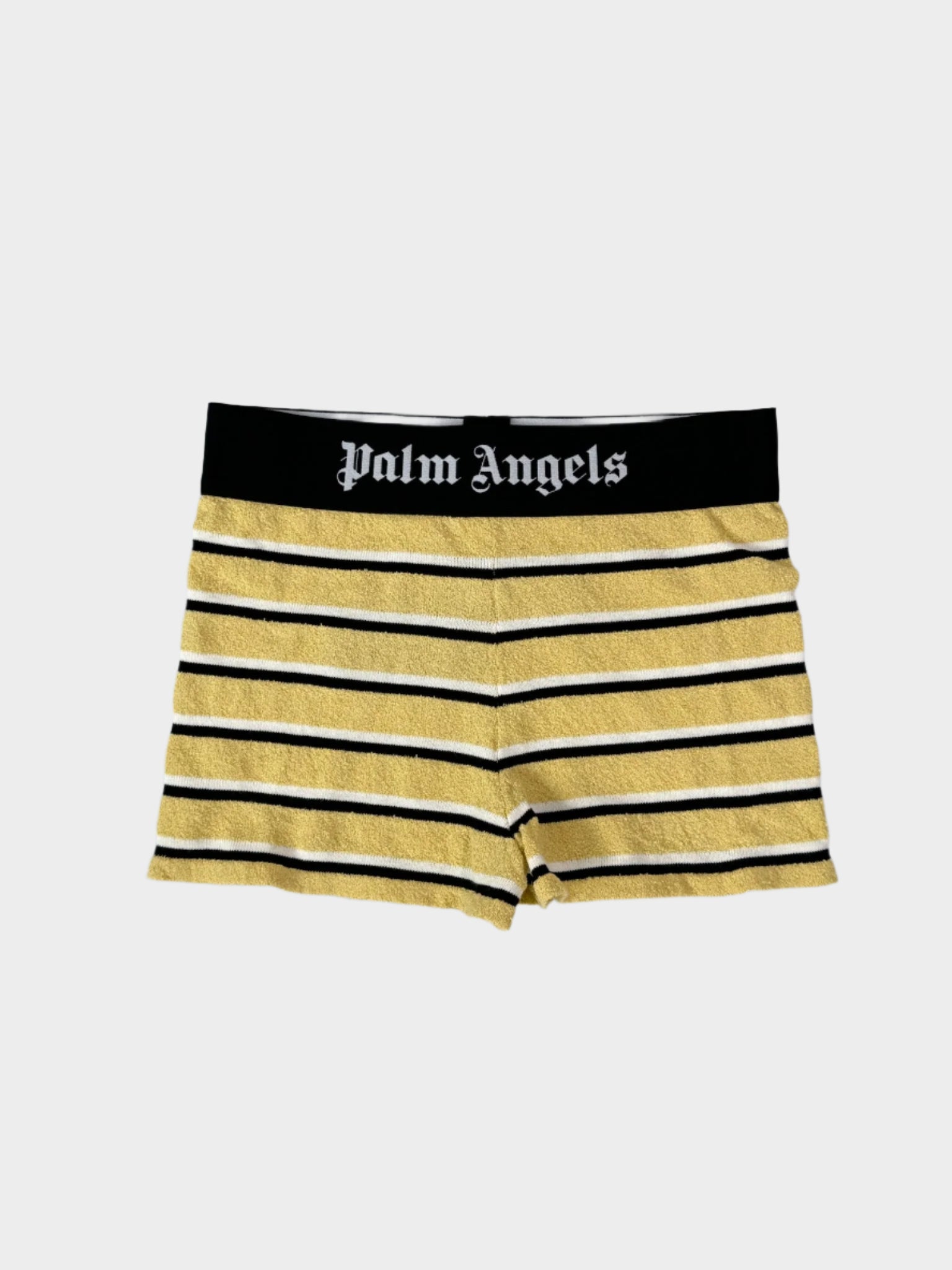 Short da donna gialli in maglia con righe nere e bianche e logo Palm Angels in vita