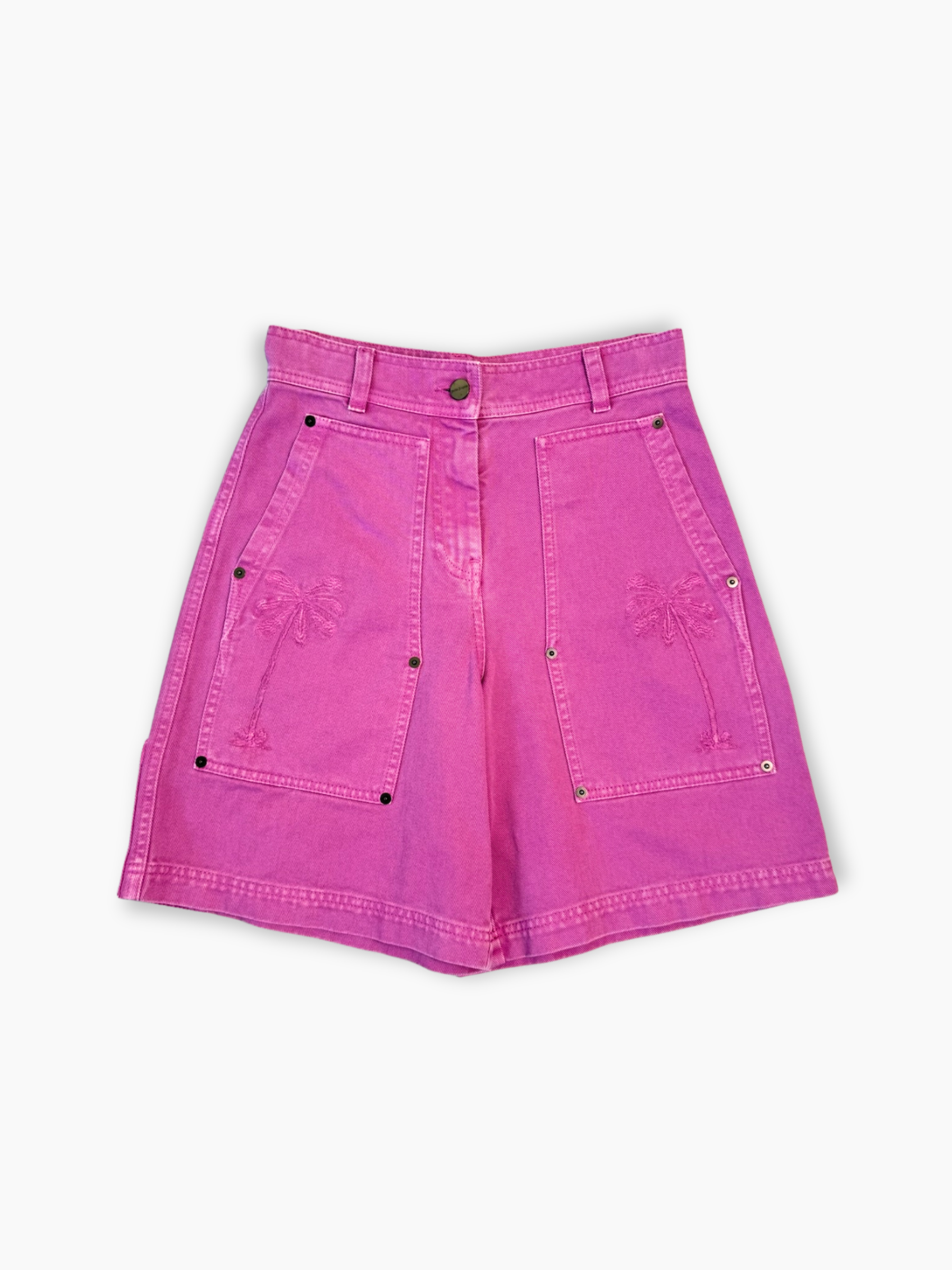 Shorts rosa in denim Palm Angels con ricamo palme e tasche frontali