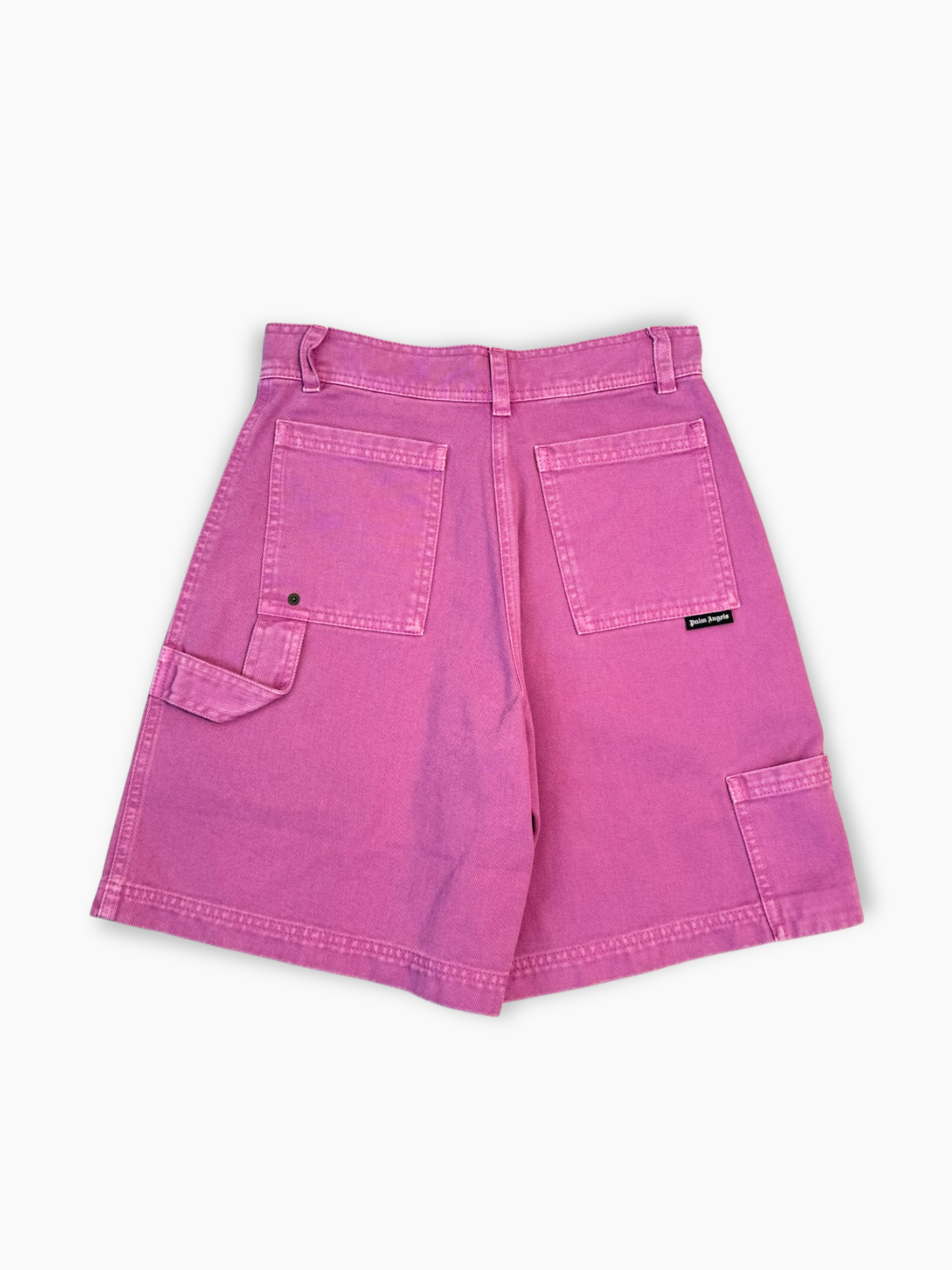 Shorts rosa in denim Palm Angels con ricamo palme e tasche frontali