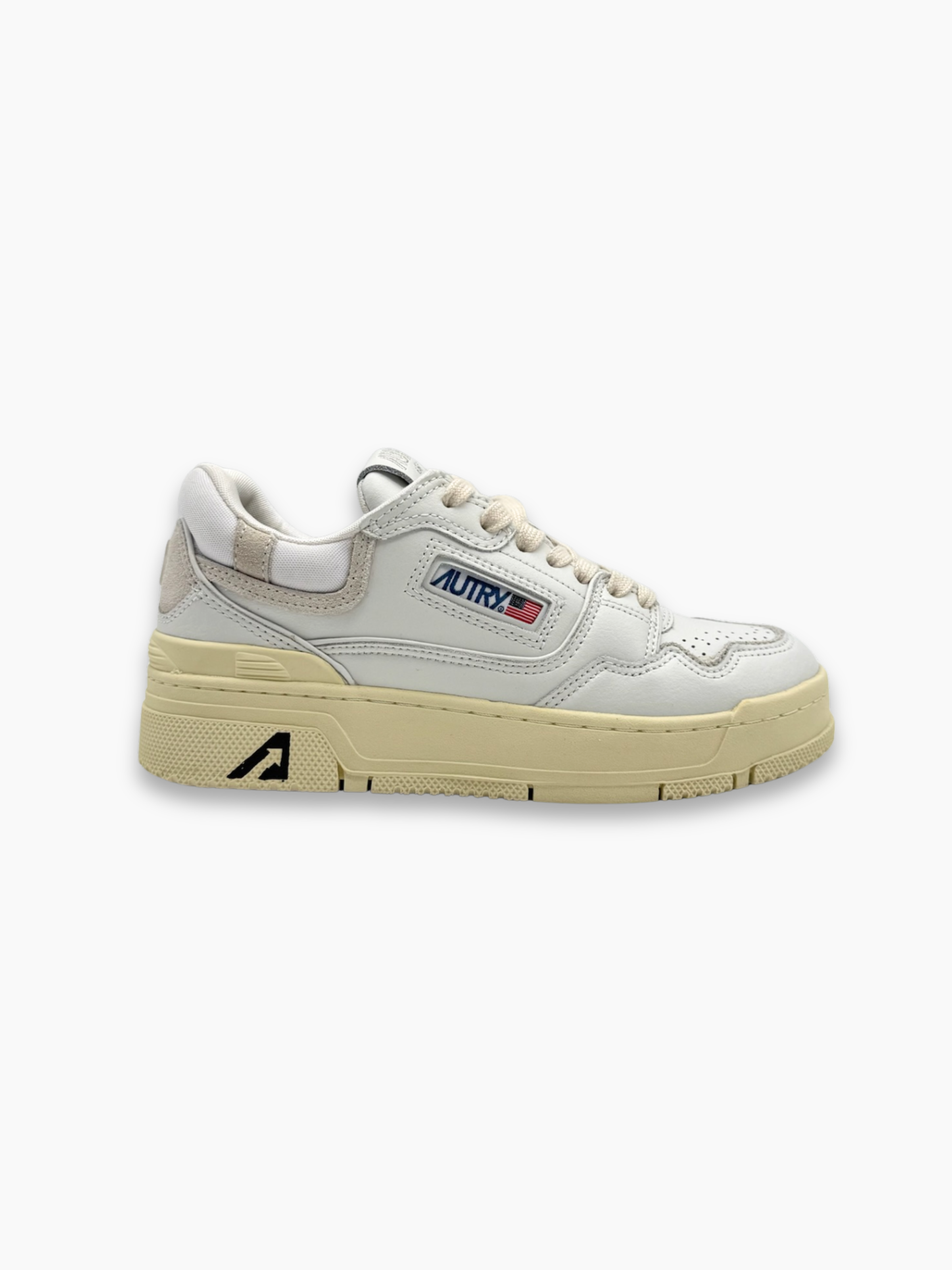 Sneakers bianche in pelle Autry con suola beige viste laterali