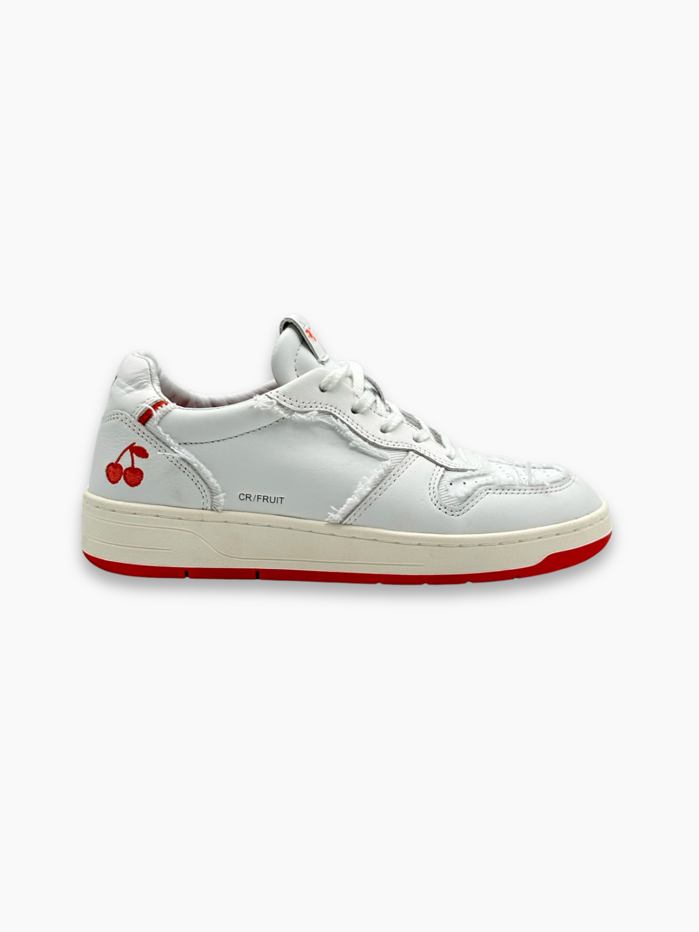 Sneakers bianche in pelle D.A.T.E. con suola rossa e logo FRUIT vista laterale