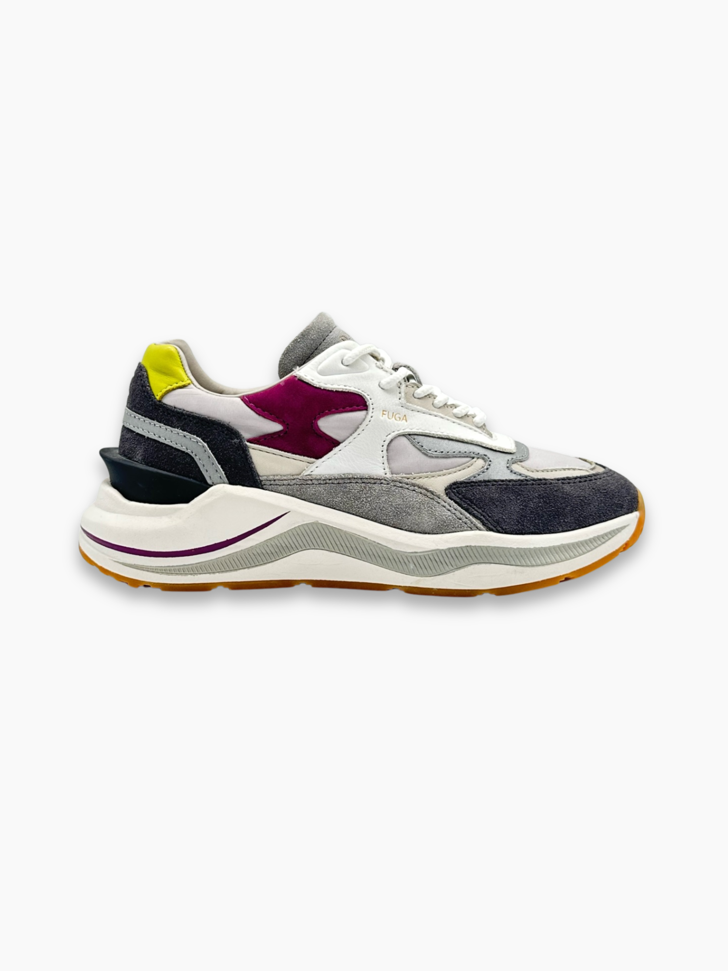 Sneakers multicolor D.A.T.E. in pelle e suede con dettagli bordeaux e lime viste di lato