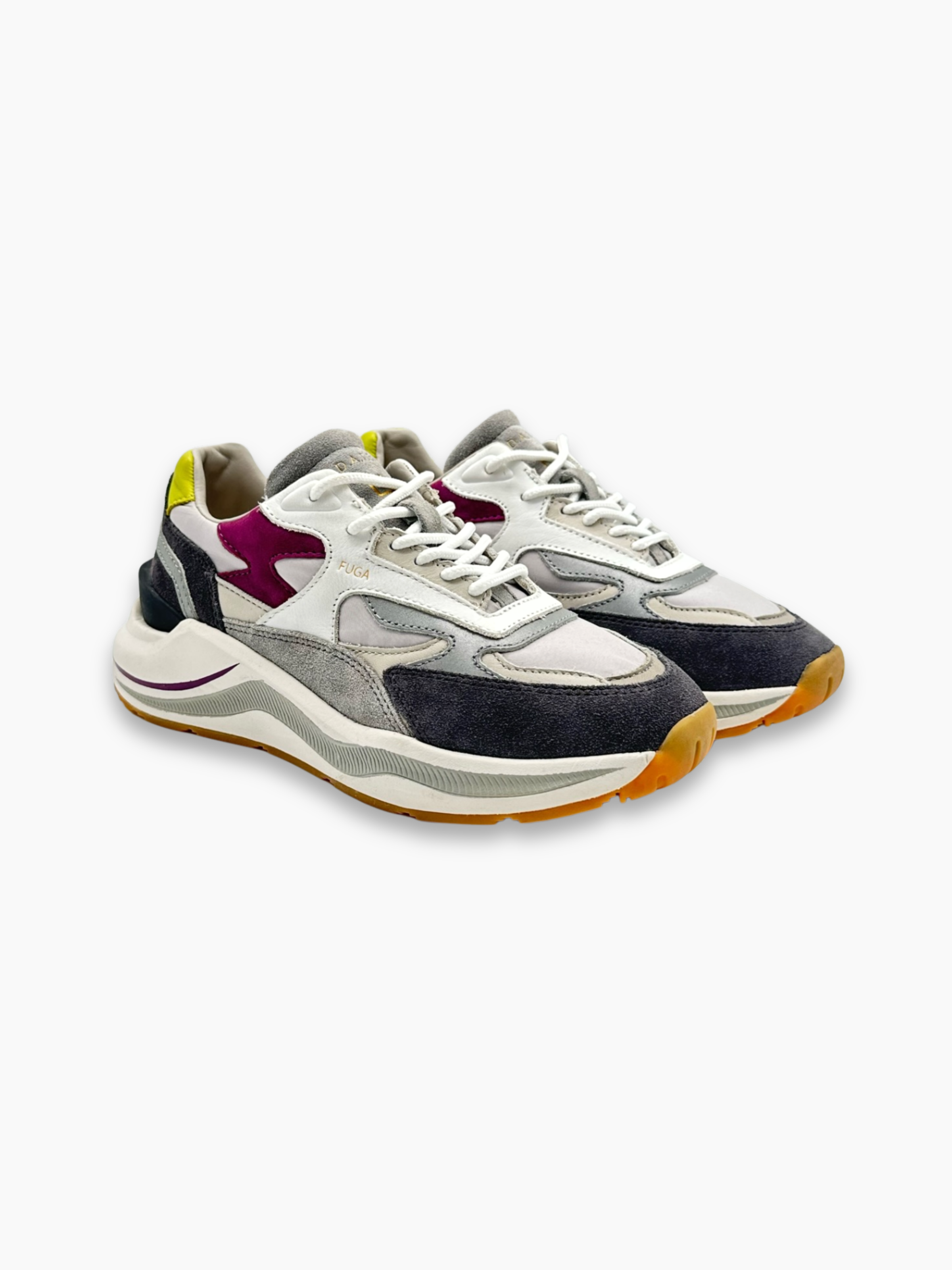 neakers multicolor D.A.T.E. in pelle e suede con dettagli bordeaux e lime viste frontali