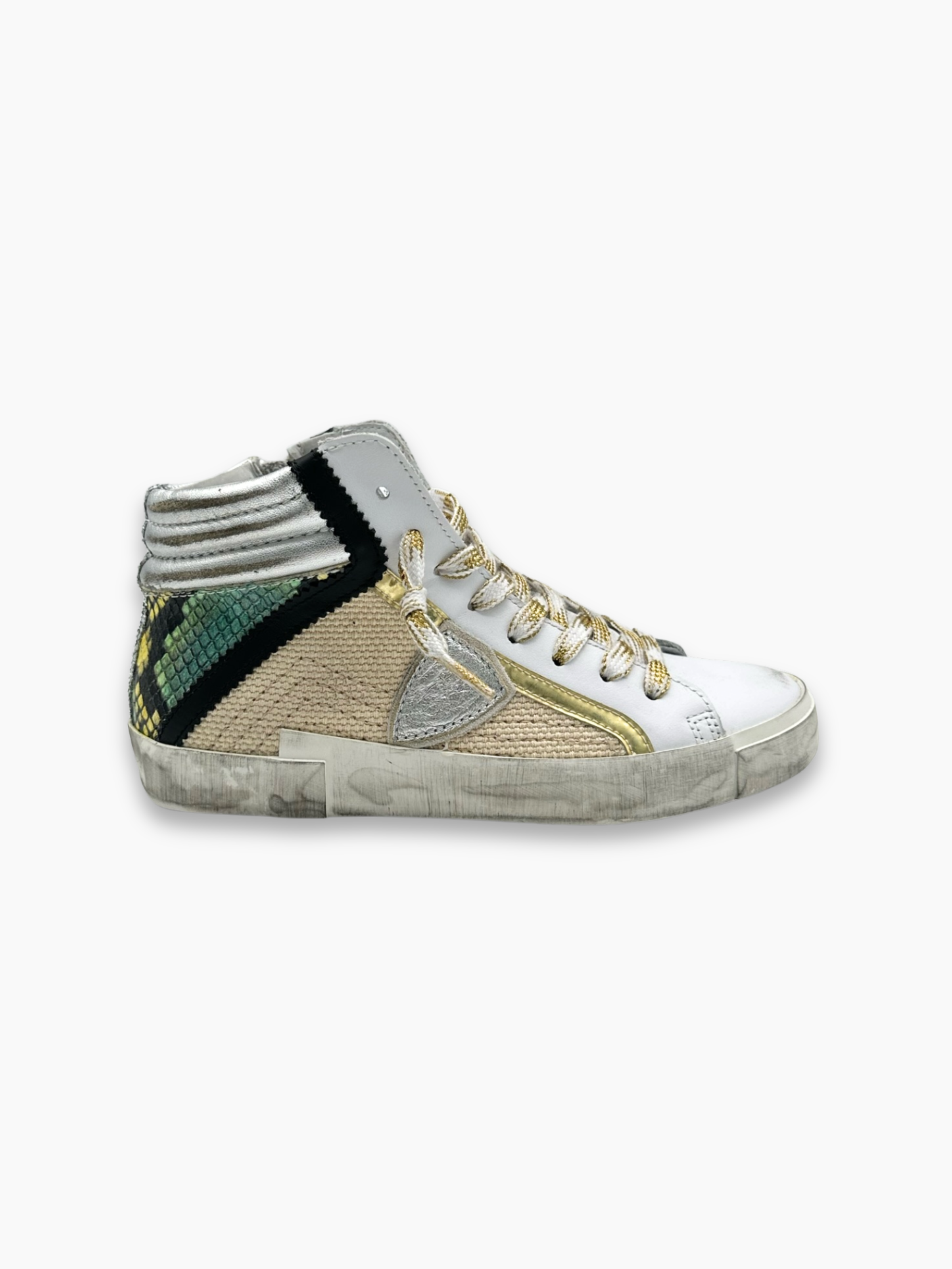 Sneakers alte Philippe Model bianche con dettagli oro e tallone verde pitonato