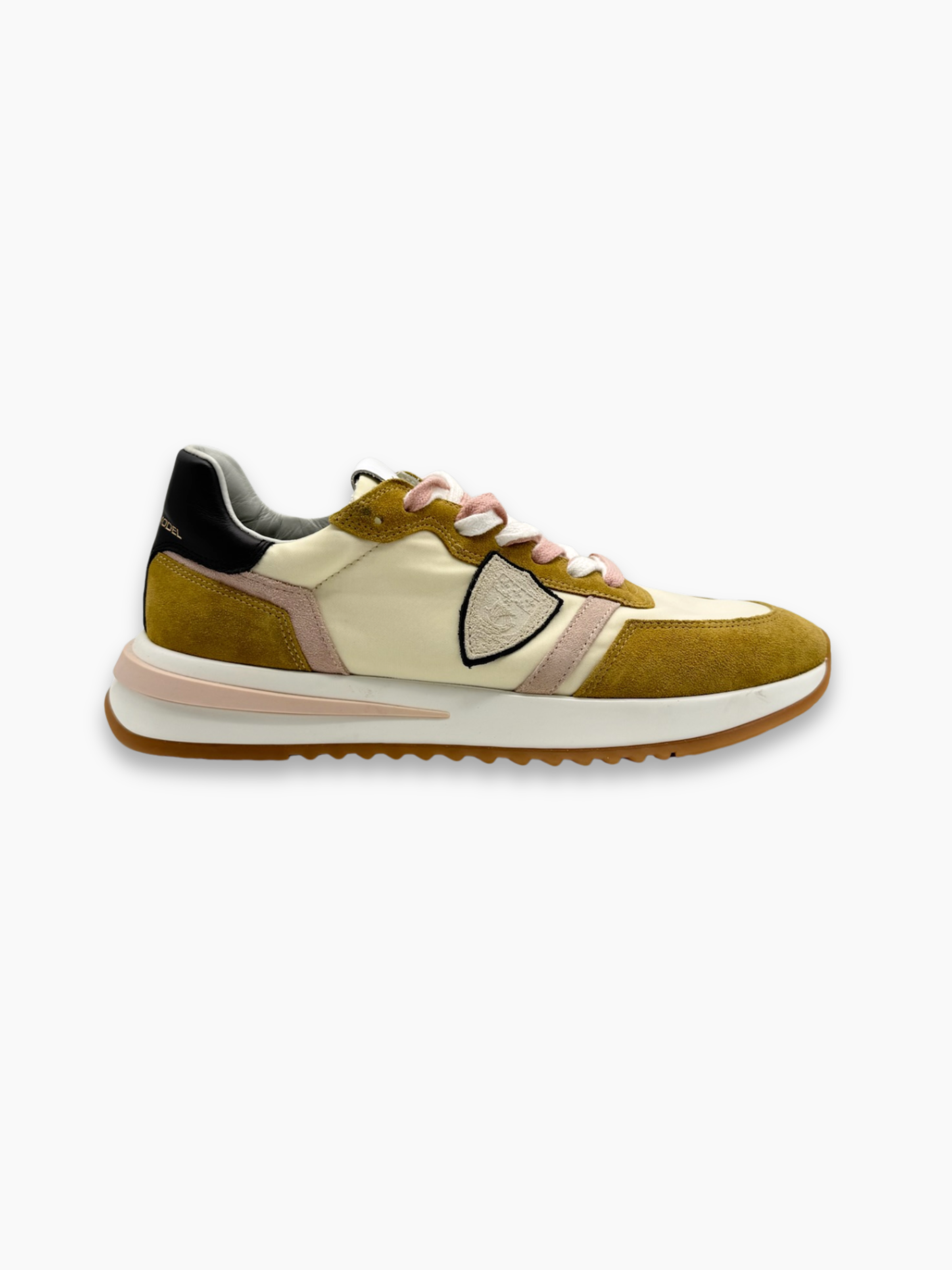Sneakers Philippe Model in suede giallo senape e tela beige con dettagli rosa