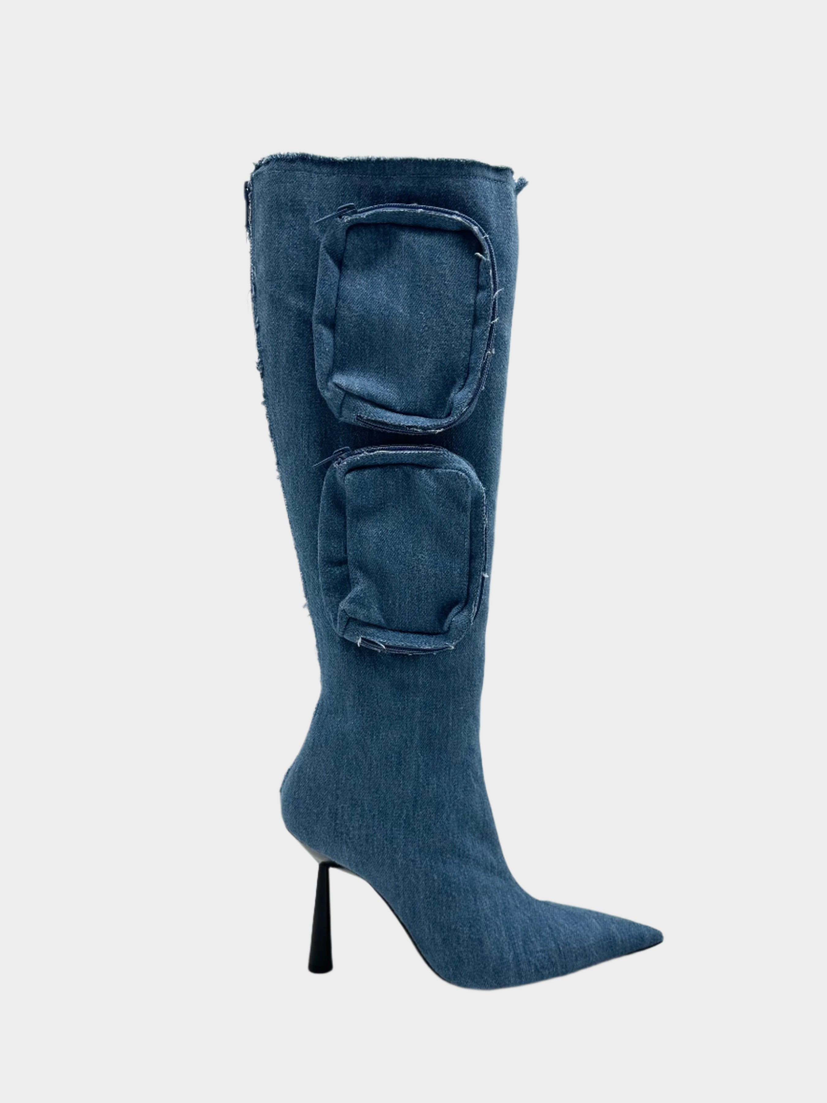 stivale denim, stivale con tasche, stivale tacco sottile, stivali jeans donna, stivale punta affusolata, BELVINIA 6010