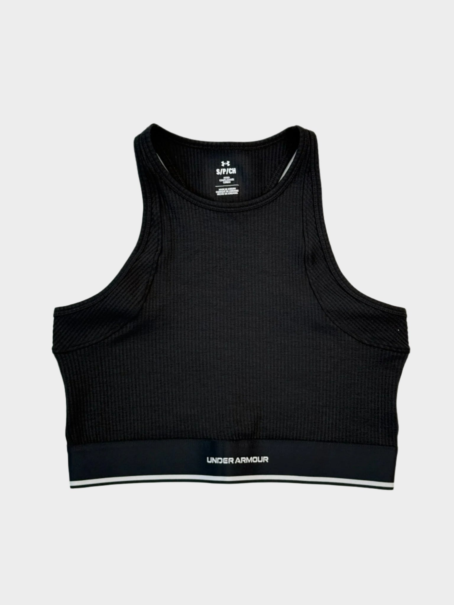 tank top nero rib, top costine donna, tank con fascia logo, top rib nero, Under Armour tank donna