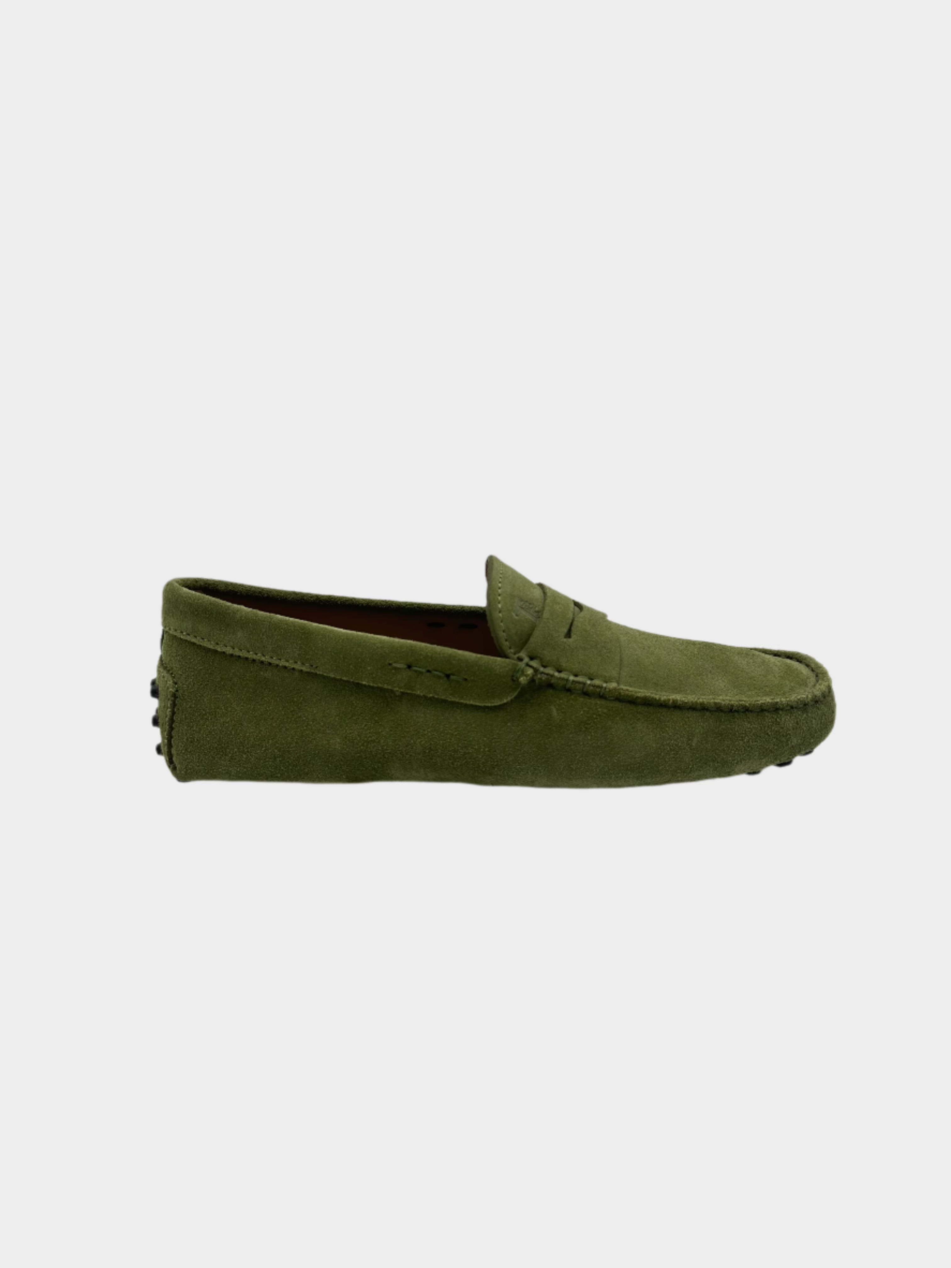 Mocassino Tod's in pelle scamosciata salvia con gommini, vista laterale